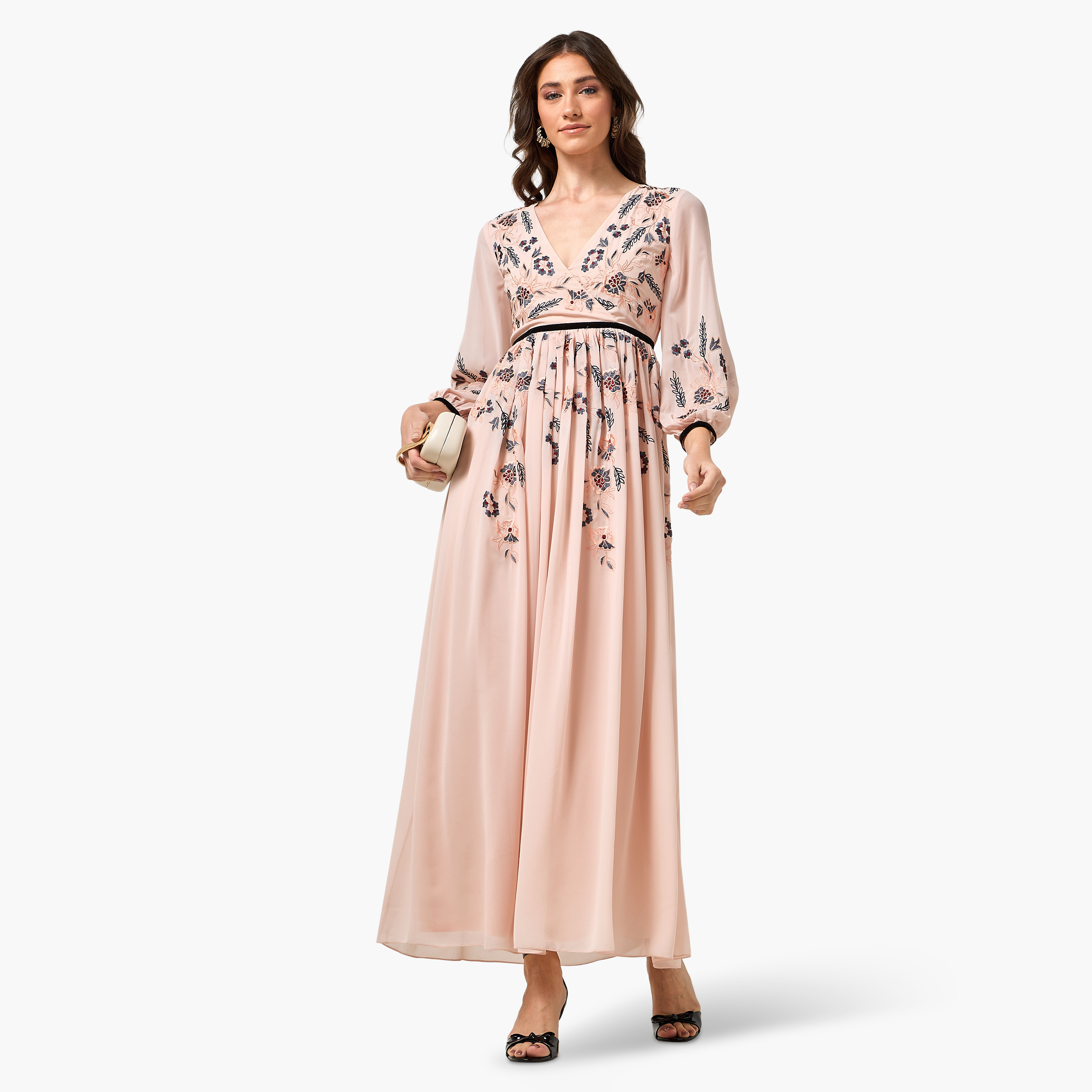 Frock and Frill Peach Embroidered Surplice Neck Balloon Sleeves Flared Women's Evening Maxi Dress-women-clothing-dresses-image-3