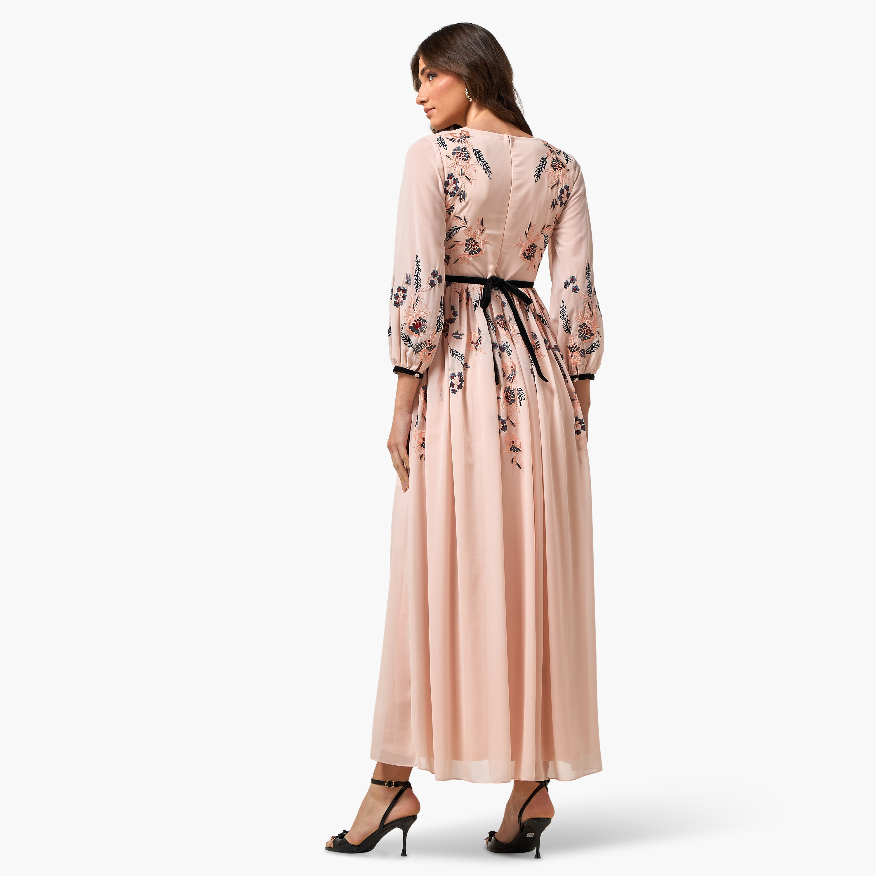 Frock and Frill Peach Embroidered Surplice Neck Balloon Sleeves Flared Women's Evening Maxi Dress-women-clothing-dresses-image-4