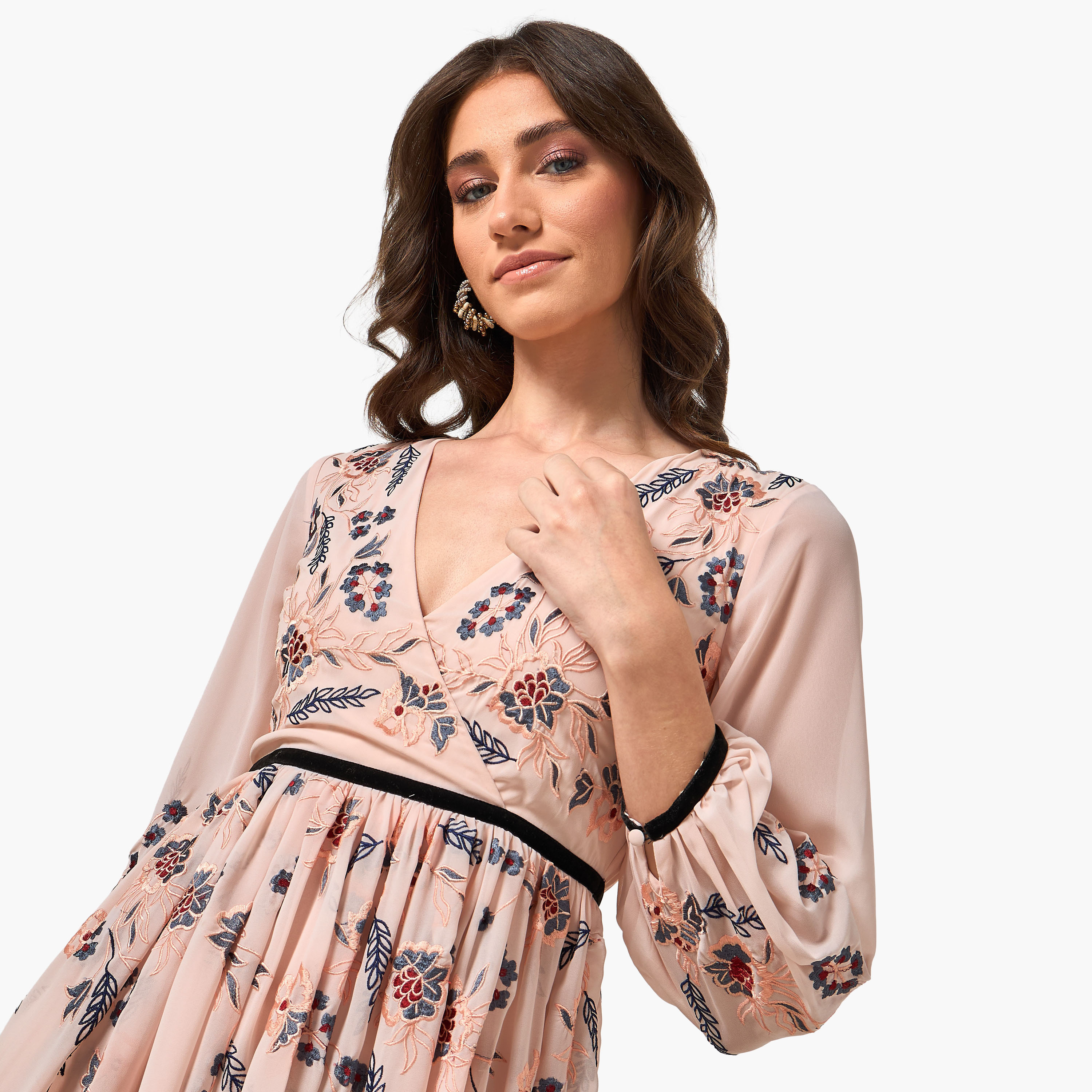 Frock and Frill Peach Embroidered Surplice Neck Balloon Sleeves Flared Women's Evening Maxi Dress-women-clothing-dresses-image-5