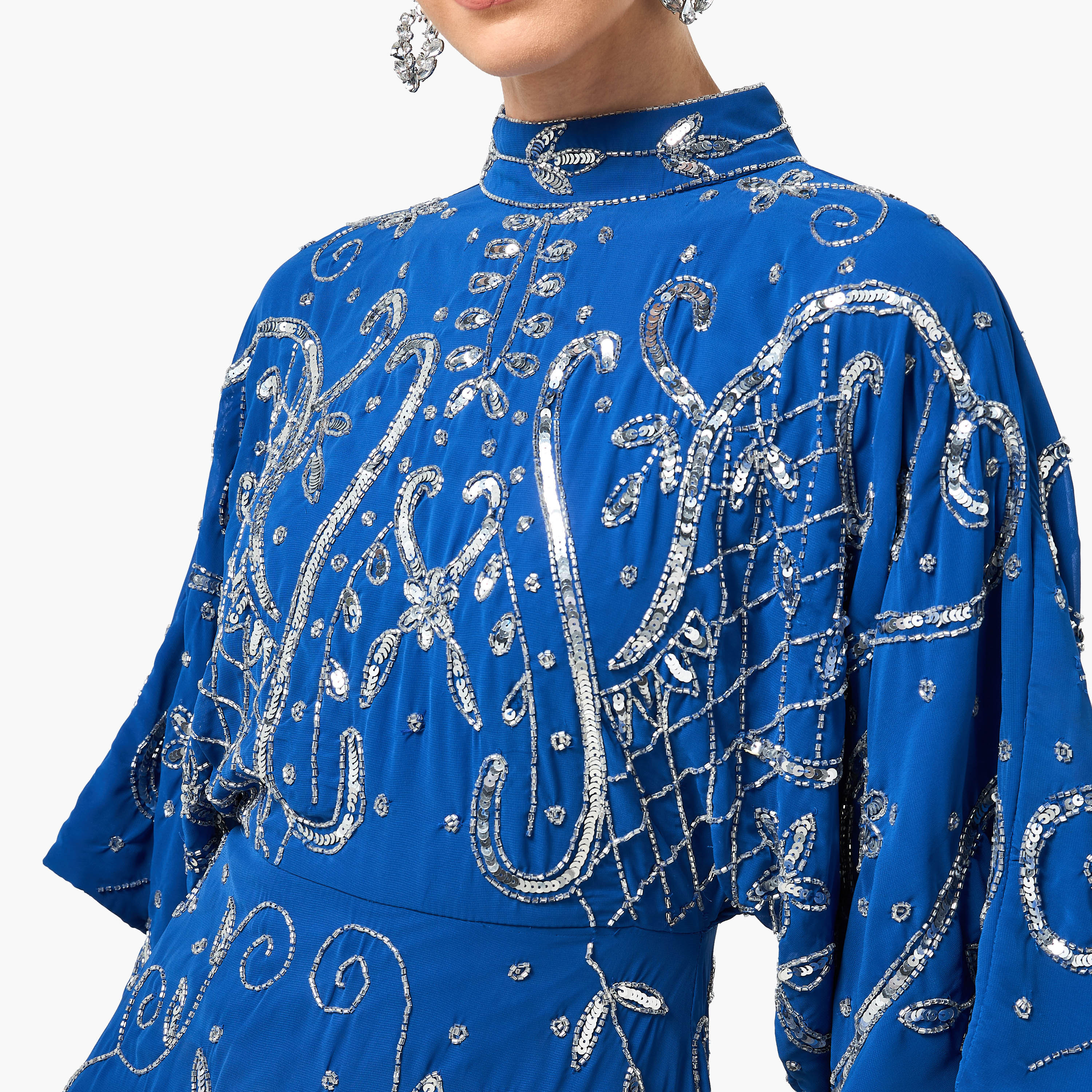 Frock and Frill Blue Sequined & Beaded Mock Neck Kimono Sleeves Women's Evening Maxi Dress-women-clothing-dresses-image-2