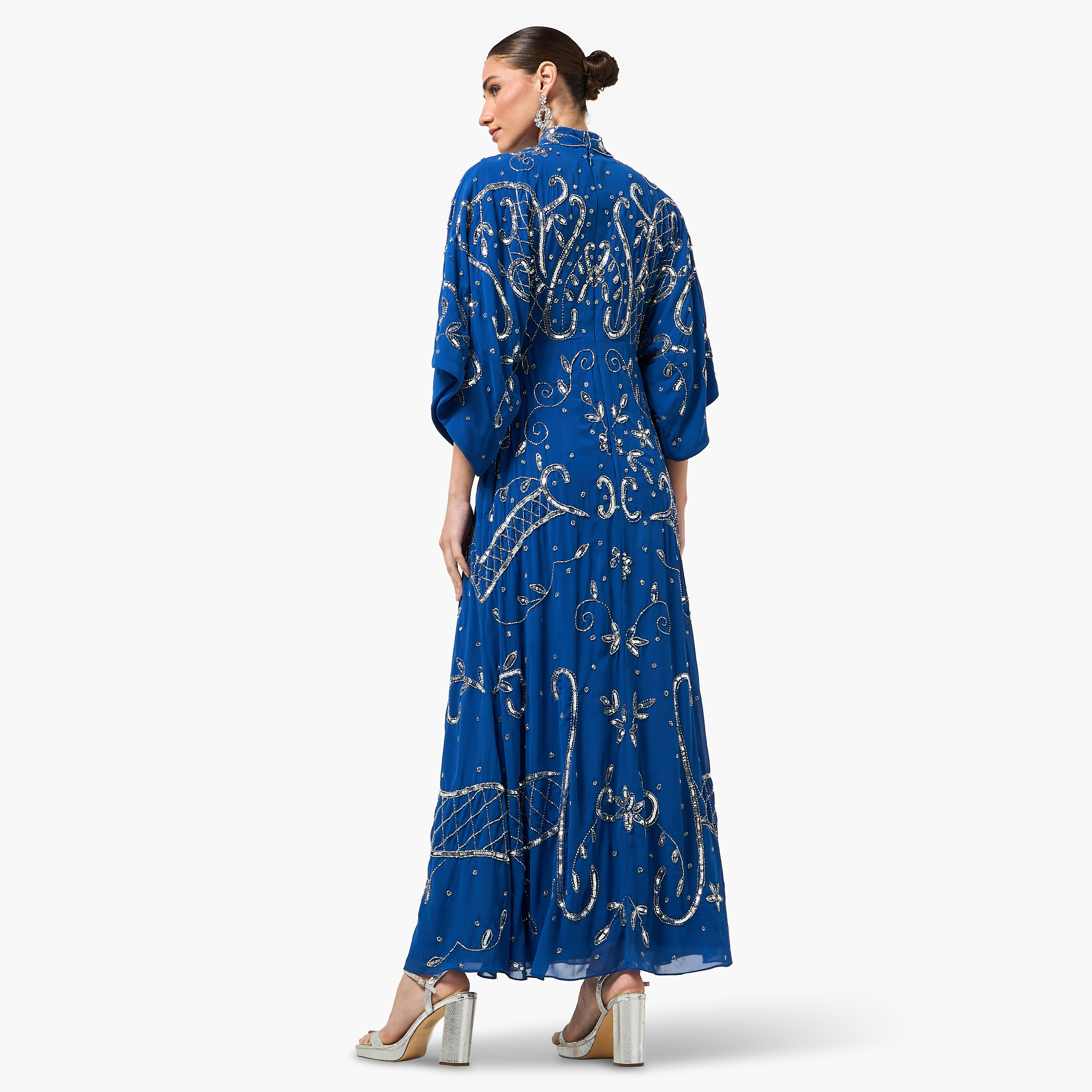 Frock and Frill Blue Sequined & Beaded Mock Neck Kimono Sleeves Women's Evening Maxi Dress-women-clothing-dresses-image-4