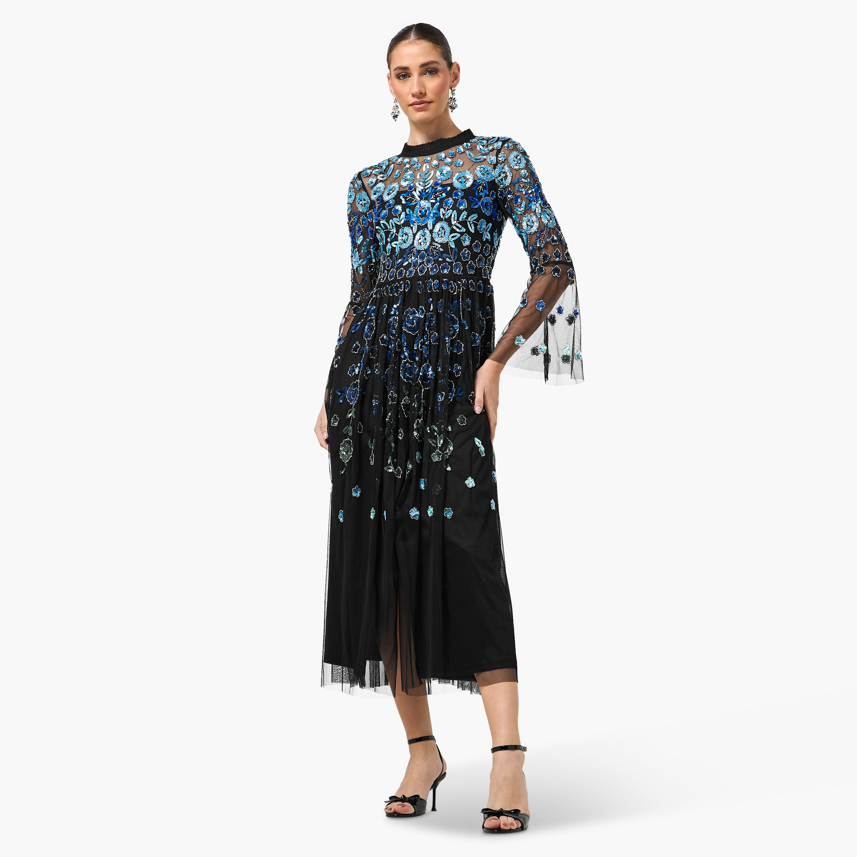 Frock and Frill Black Sequined & Beaded Round Neck Bell Sleeves Slit Women's Evening Midi Dress-women-clothing-dresses-image-1