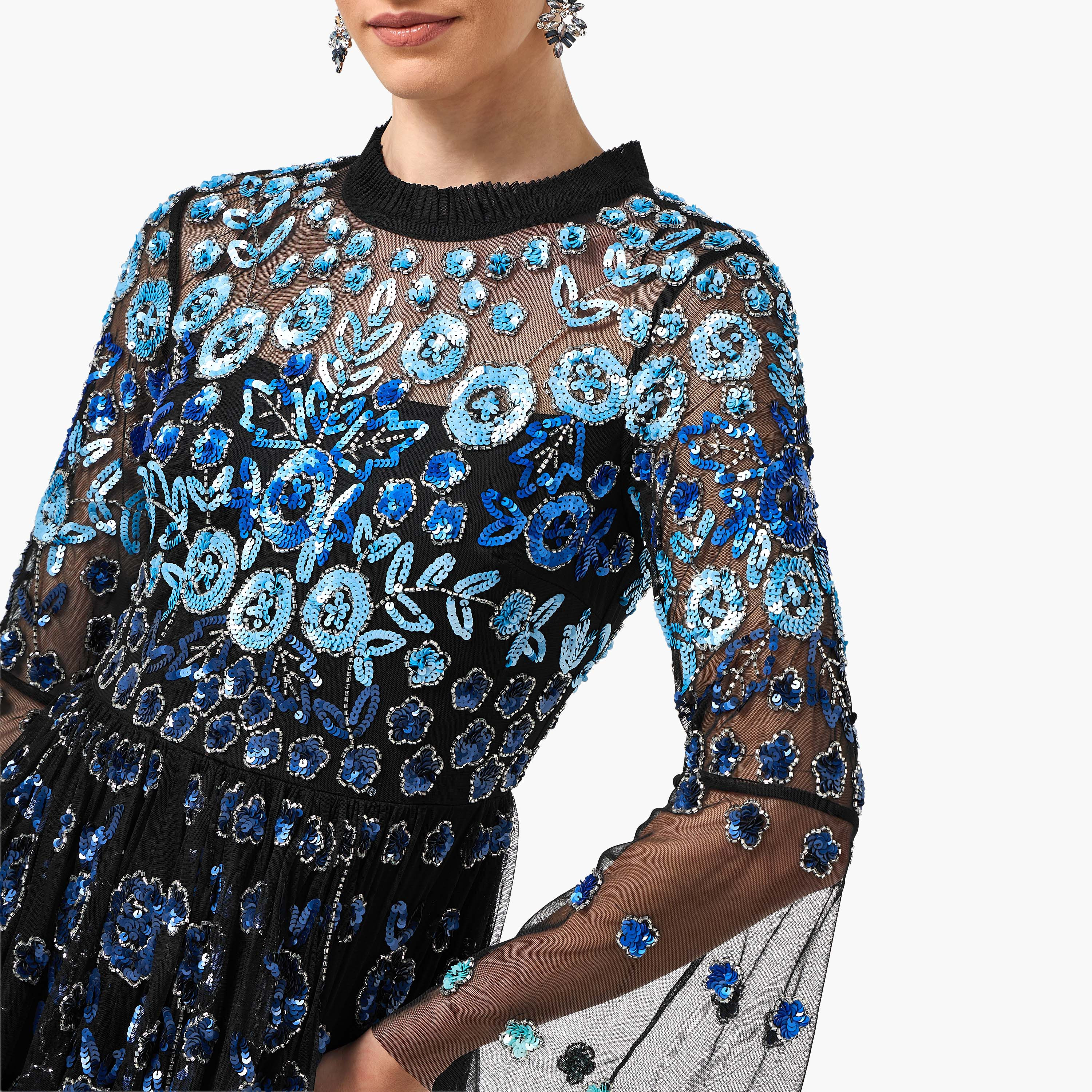 Frock and Frill Black Sequined & Beaded Round Neck Bell Sleeves Slit Women's Evening Midi Dress-women-clothing-dresses-image-2