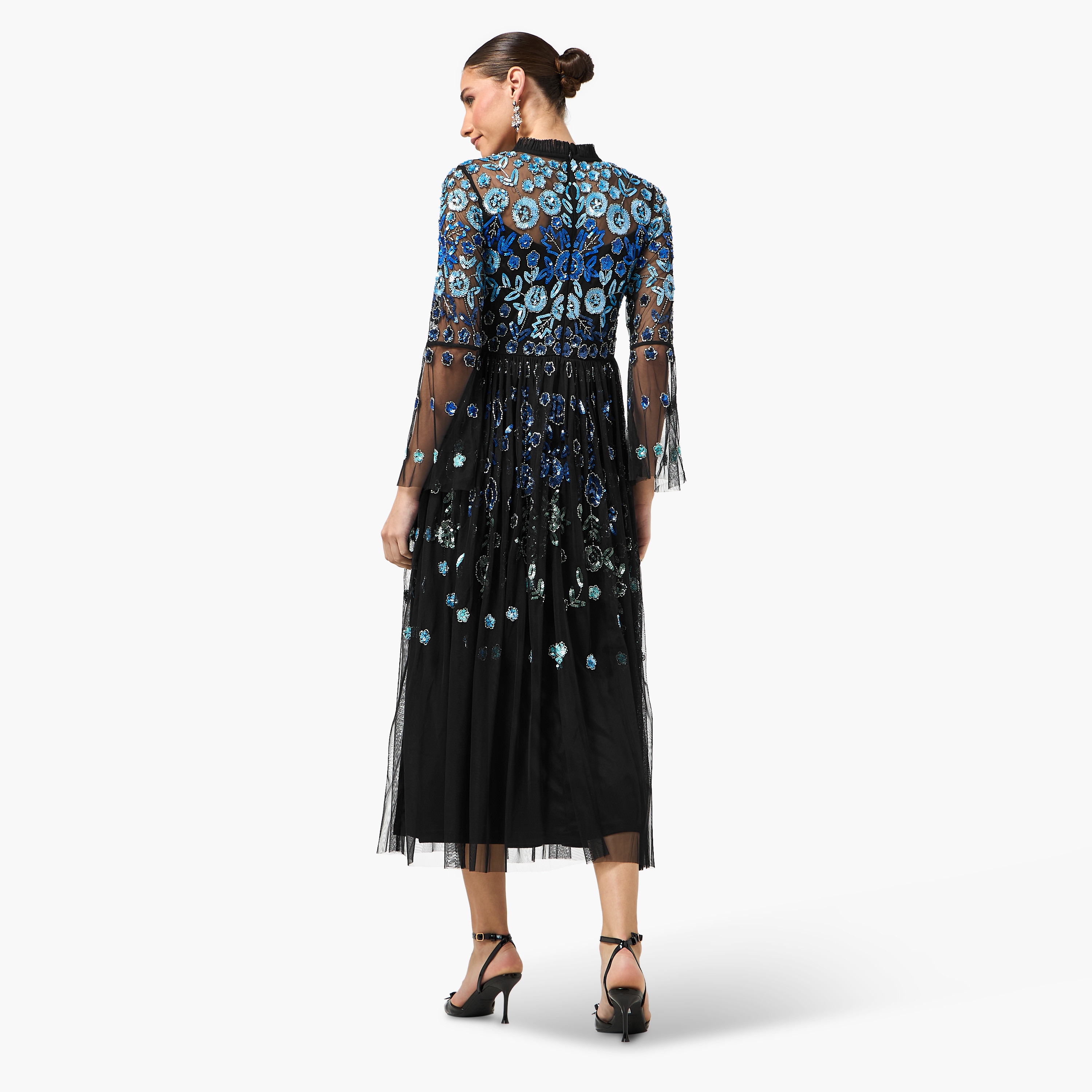 Frock and Frill Black Sequined & Beaded Round Neck Bell Sleeves Slit Women's Evening Midi Dress-women-clothing-dresses-image-3