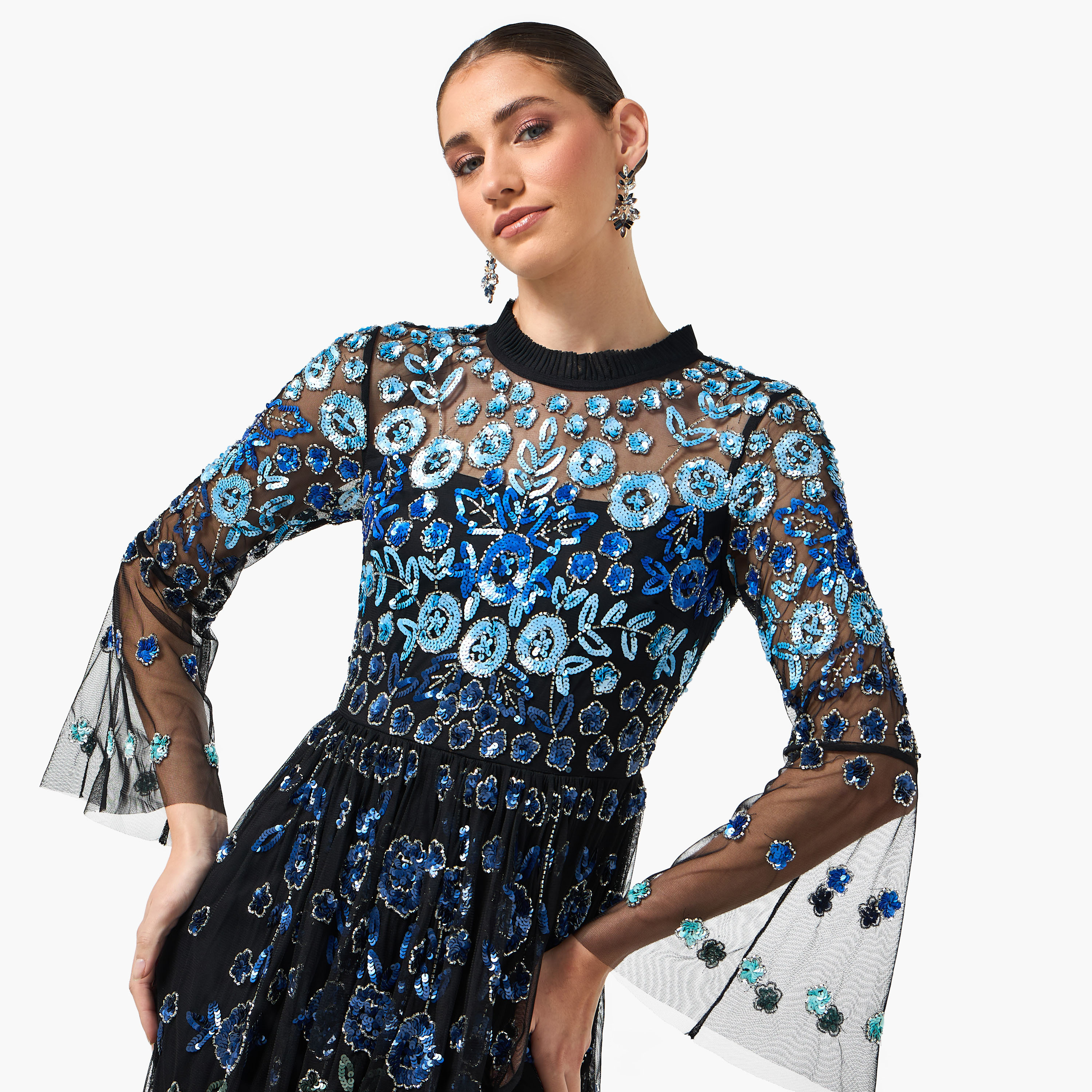 Frock and Frill Black Sequined & Beaded Round Neck Bell Sleeves Slit Women's Evening Midi Dress-women-clothing-dresses-image-4