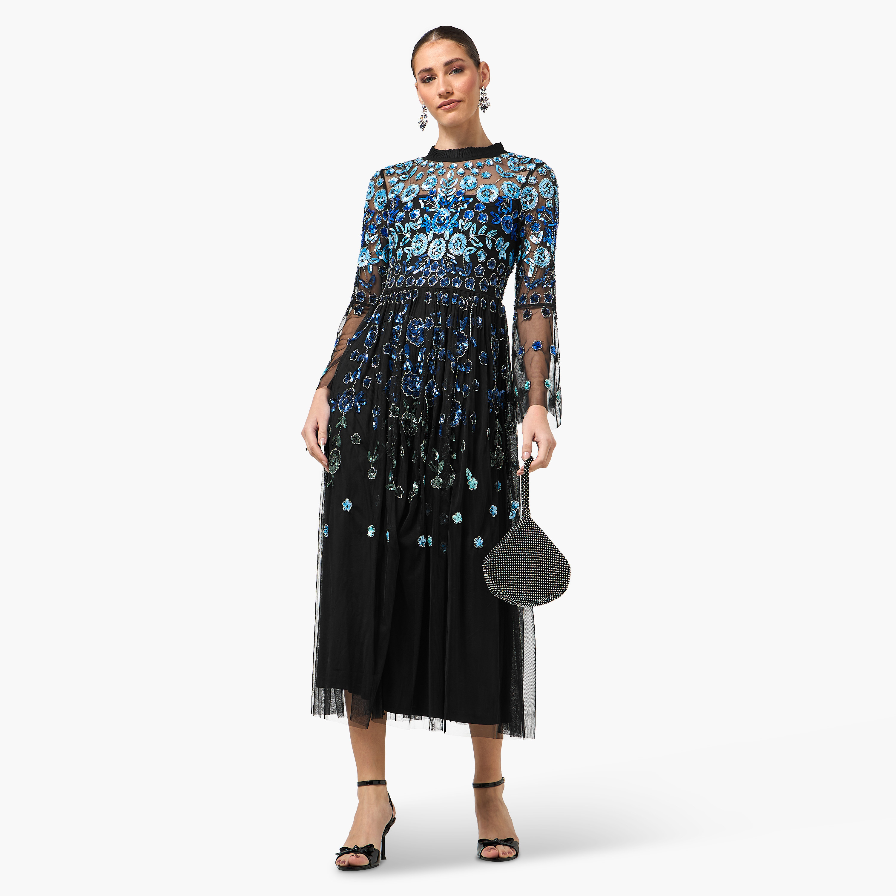 Frock and Frill Black Sequined & Beaded Round Neck Bell Sleeves Slit Women's Evening Midi Dress-women-clothing-dresses-image-5