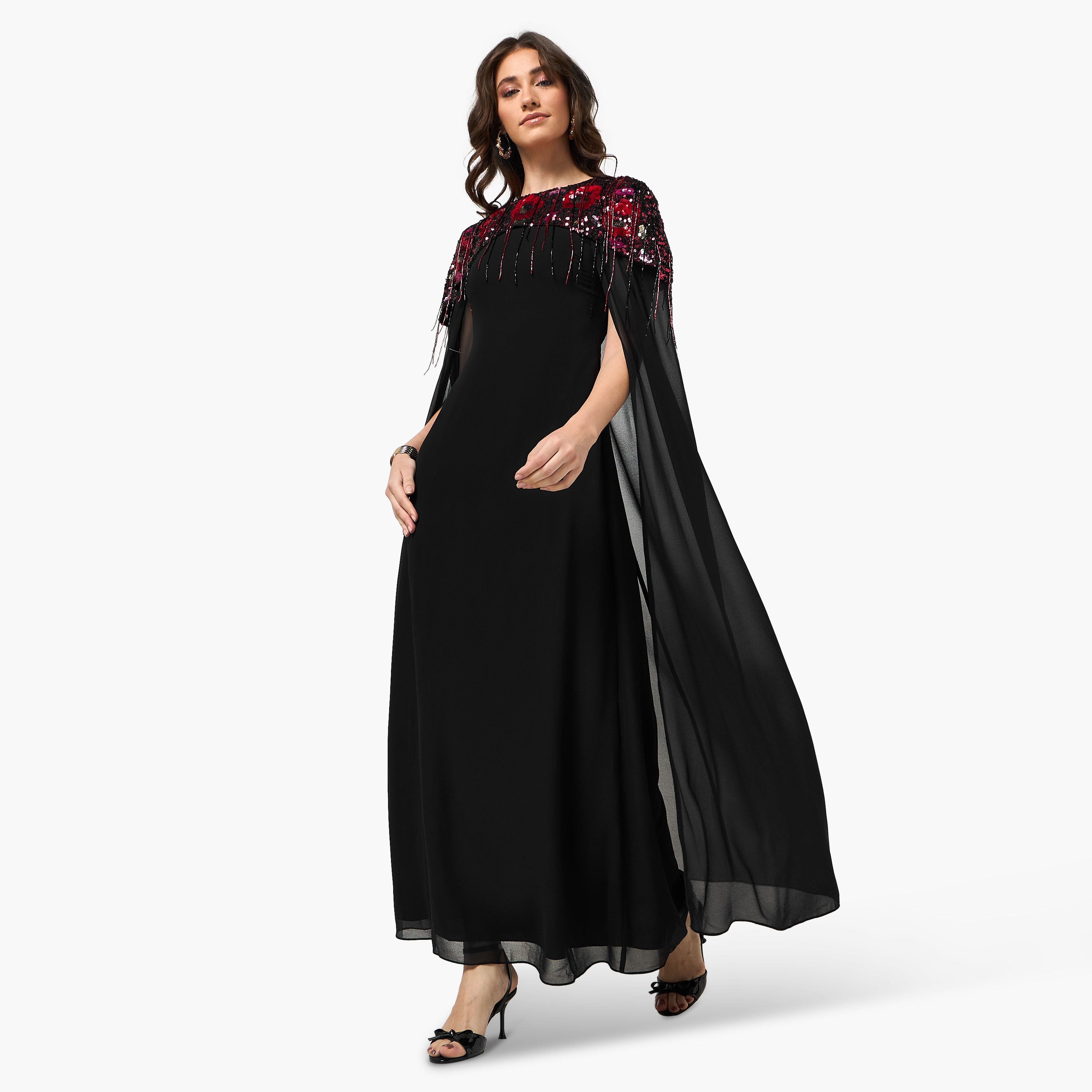 فستان سهرة ماكسي نسائي بأكمام كاب وياقة مستديرة ومزين بالترتر من فروك آند فريل - أسود-women-clothing-dresses-image-1