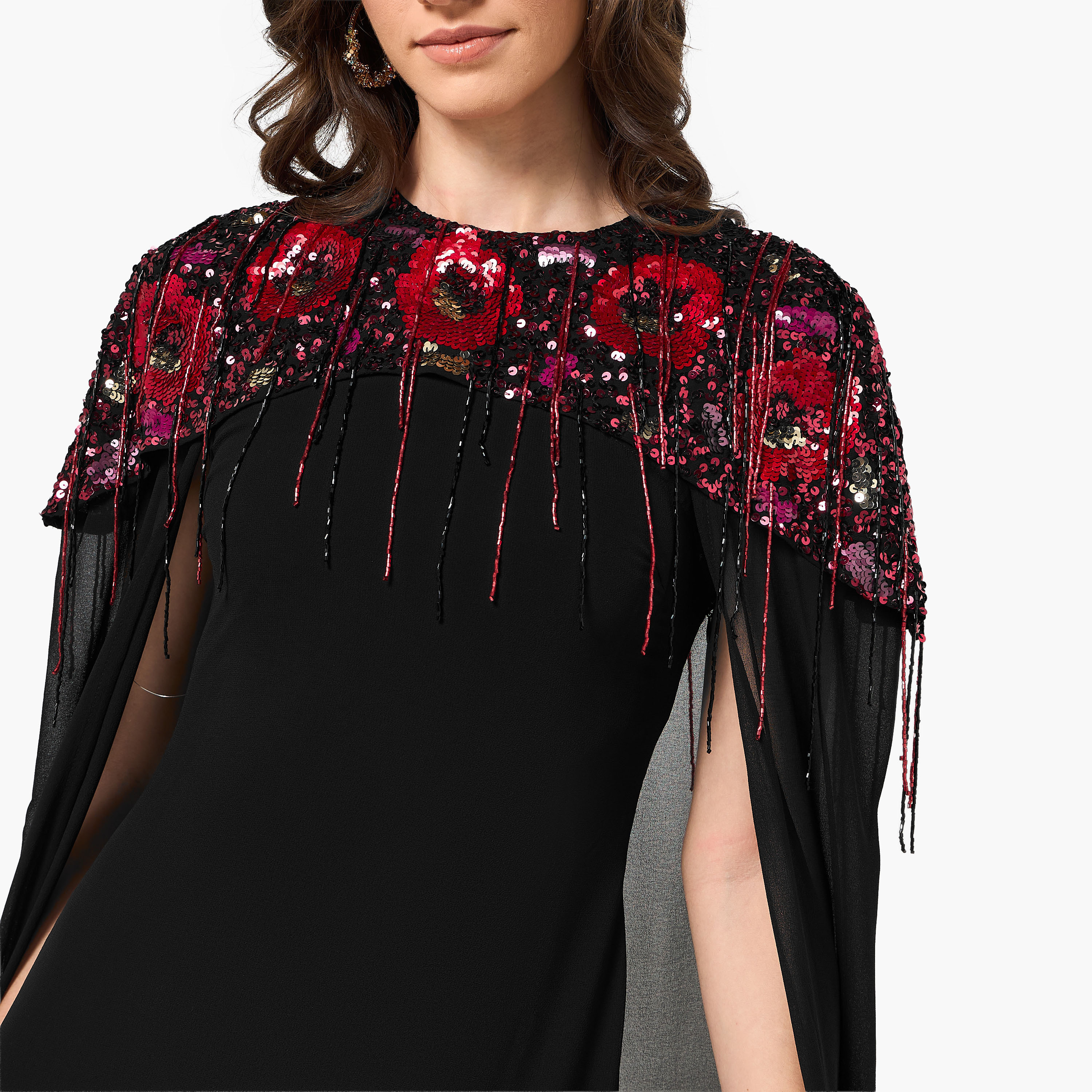 فستان سهرة ماكسي نسائي بأكمام كاب وياقة مستديرة ومزين بالترتر من فروك آند فريل - أسود-women-clothing-dresses-image-2