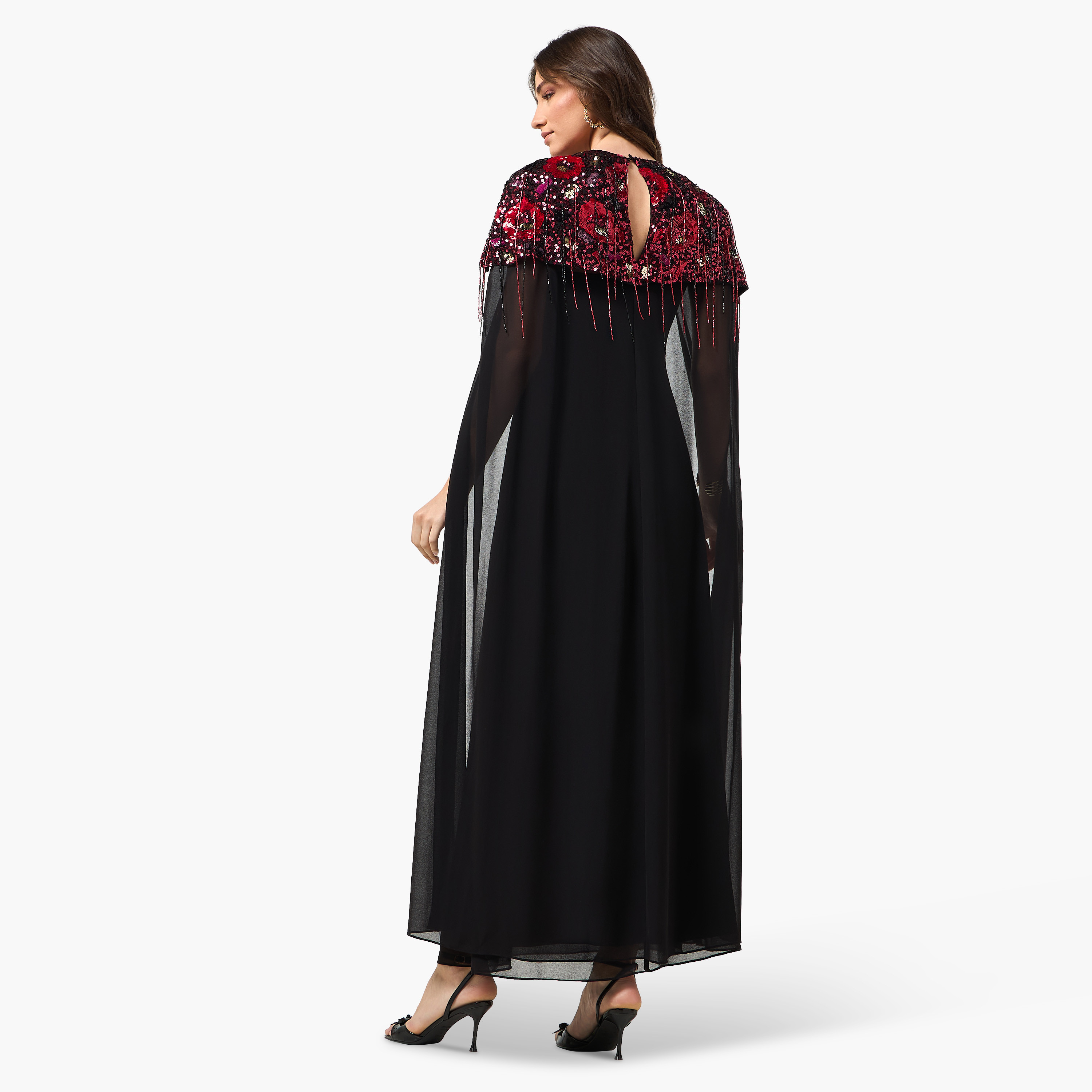 فستان سهرة ماكسي نسائي بأكمام كاب وياقة مستديرة ومزين بالترتر من فروك آند فريل - أسود-women-clothing-dresses-image-3