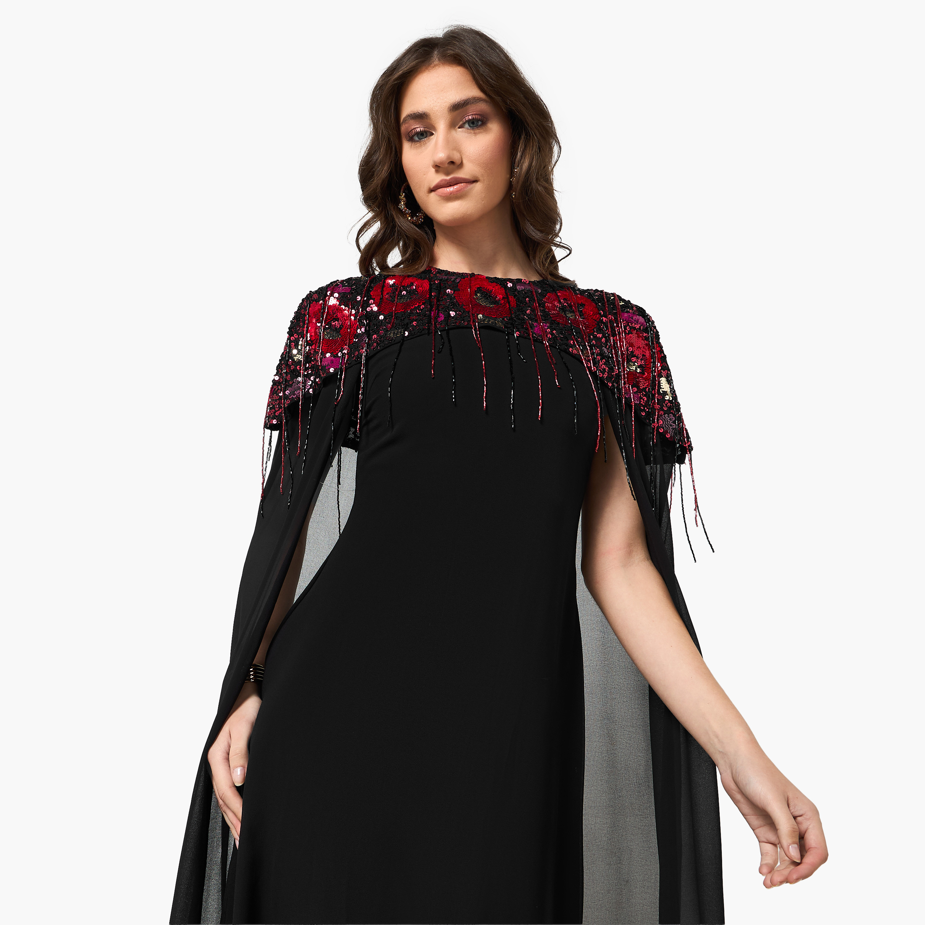 فستان سهرة ماكسي نسائي بأكمام كاب وياقة مستديرة ومزين بالترتر من فروك آند فريل - أسود-women-clothing-dresses-image-4