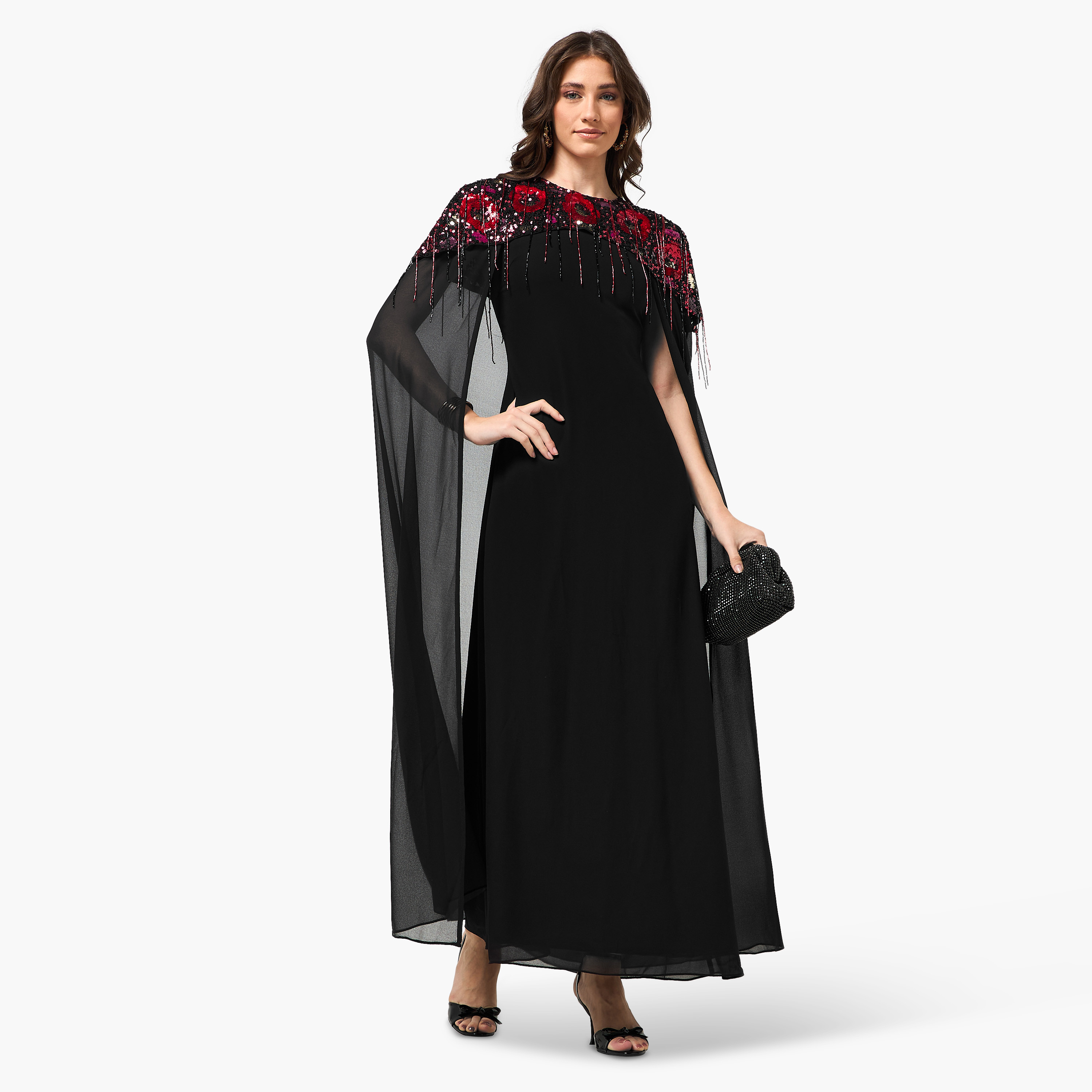 فستان سهرة ماكسي نسائي بأكمام كاب وياقة مستديرة ومزين بالترتر من فروك آند فريل - أسود-women-clothing-dresses-image-5
