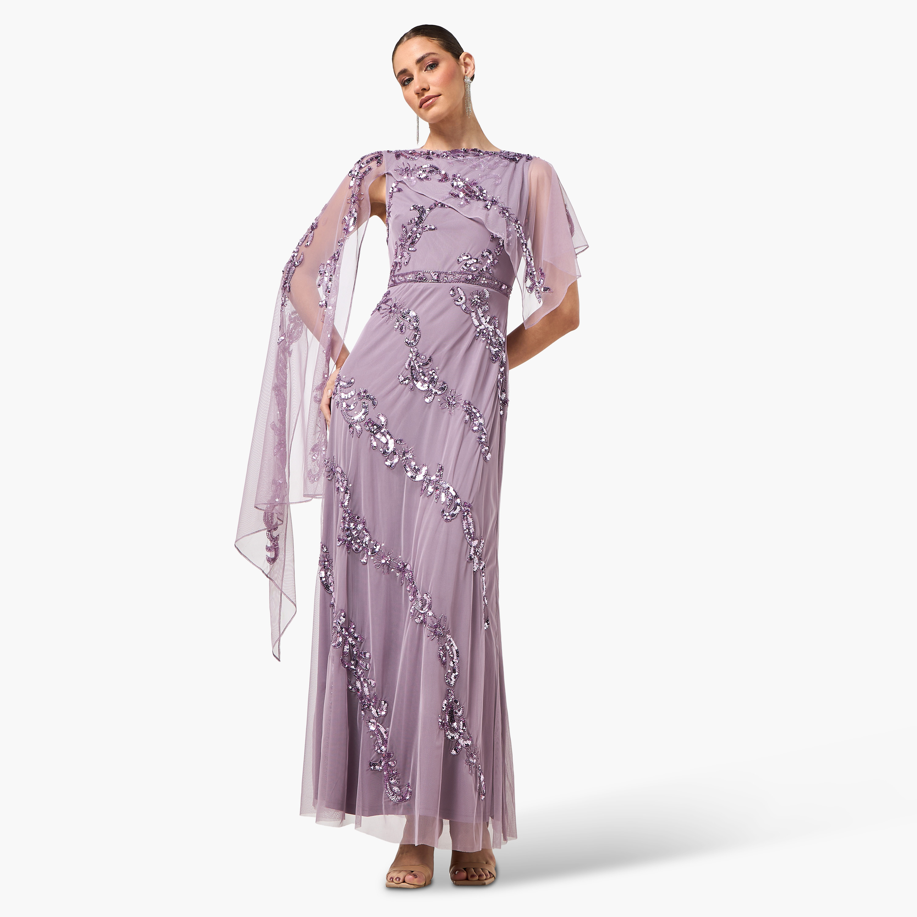 Frock and Frill Purple Sequined & Beaded Round Neck Cape Sleeve Women's Evening Maxi Dress-women-clothing-dresses-image-1