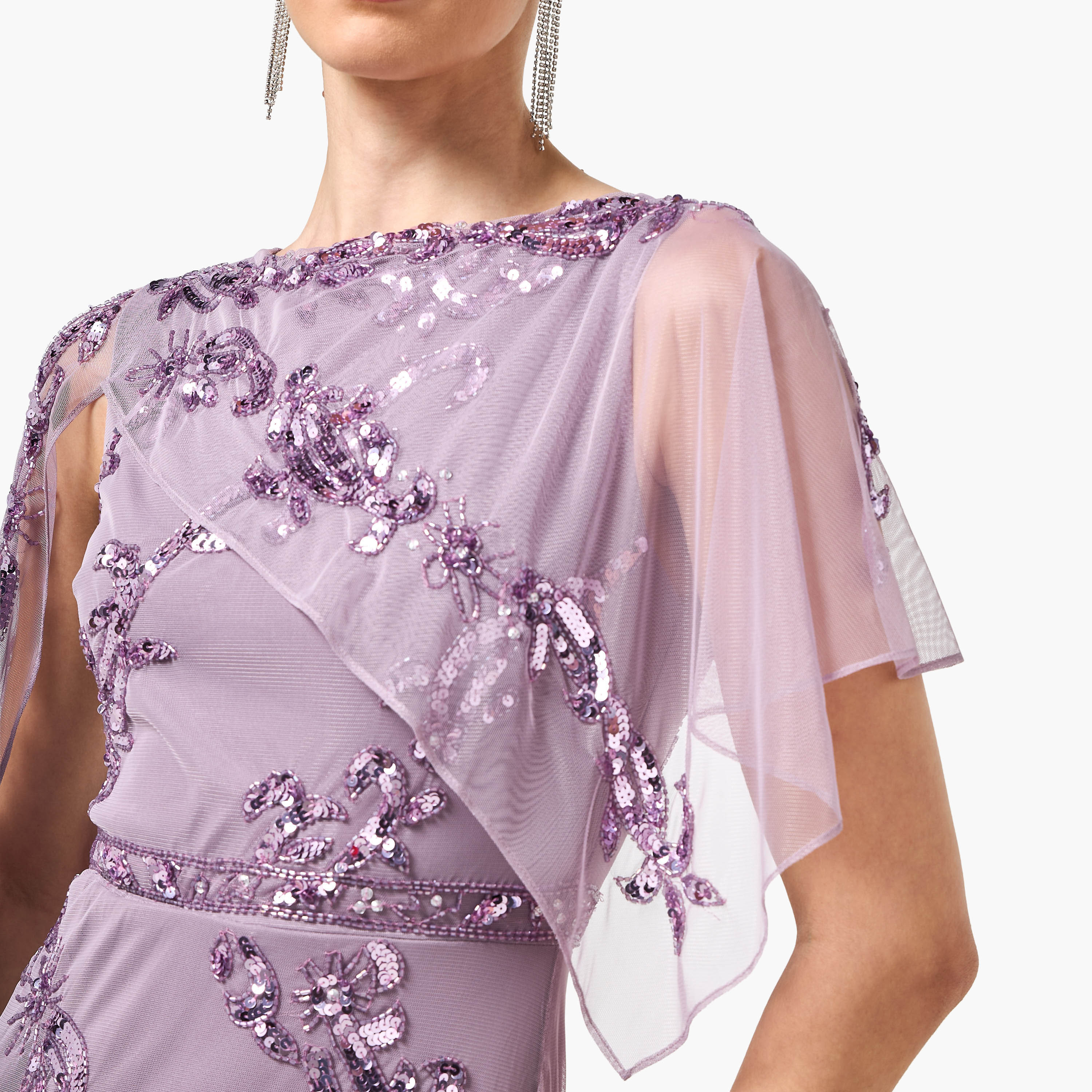 Frock and Frill Purple Sequined & Beaded Round Neck Cape Sleeve Women's Evening Maxi Dress-women-clothing-dresses-image-2