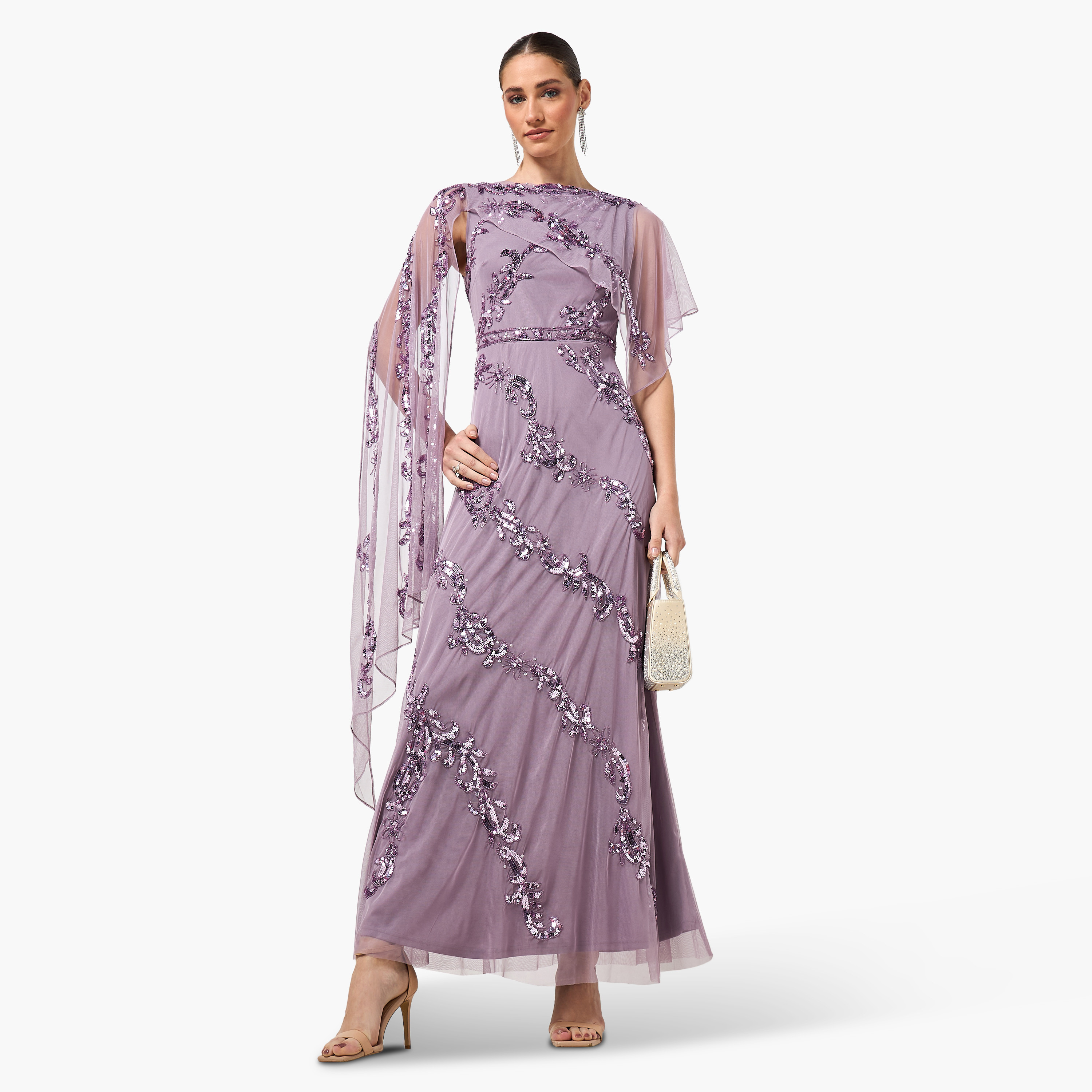 Frock and Frill Purple Sequined & Beaded Round Neck Cape Sleeve Women's Evening Maxi Dress-women-clothing-dresses-image-3