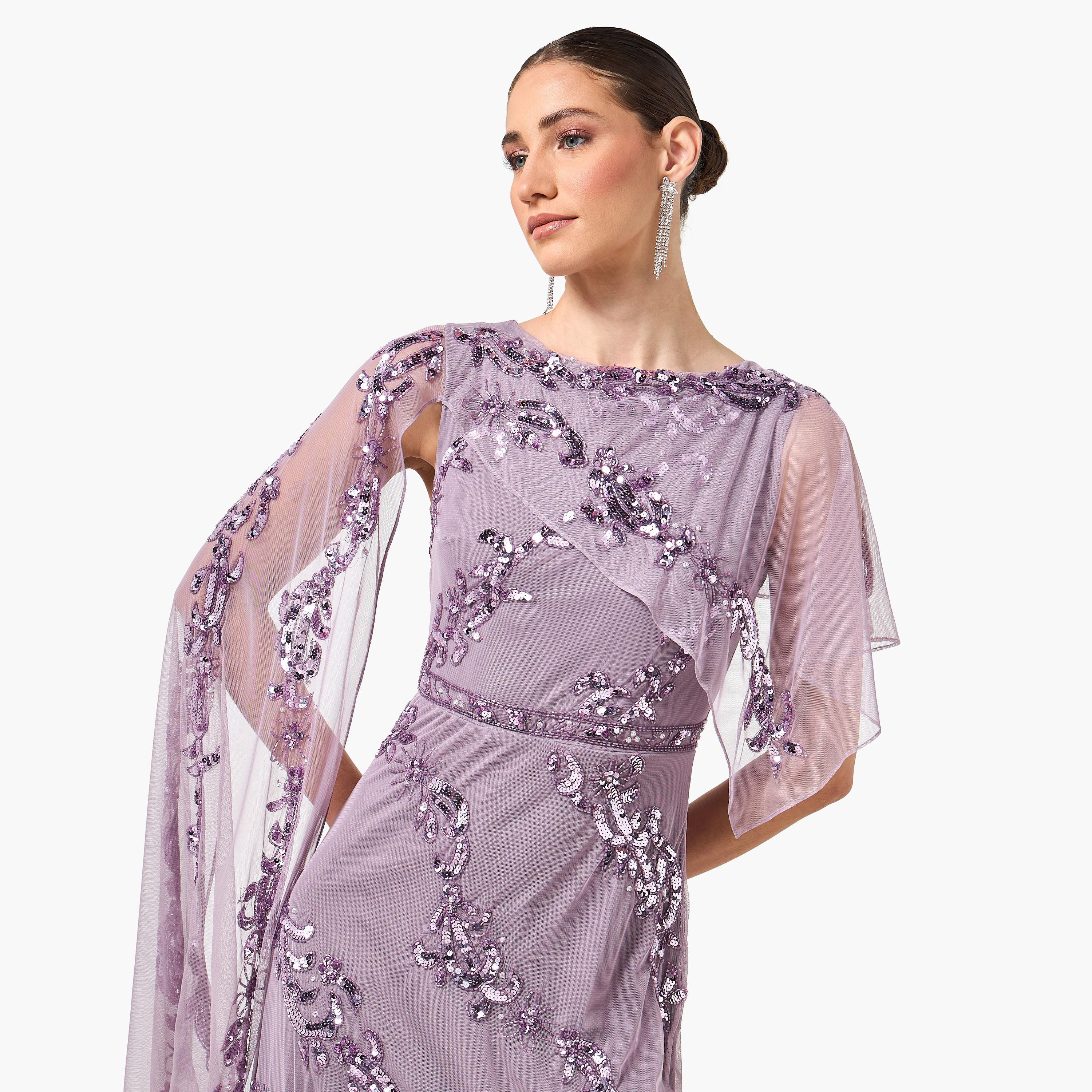 Frock and Frill Purple Sequined & Beaded Round Neck Cape Sleeve Women's Evening Maxi Dress-women-clothing-dresses-image-5