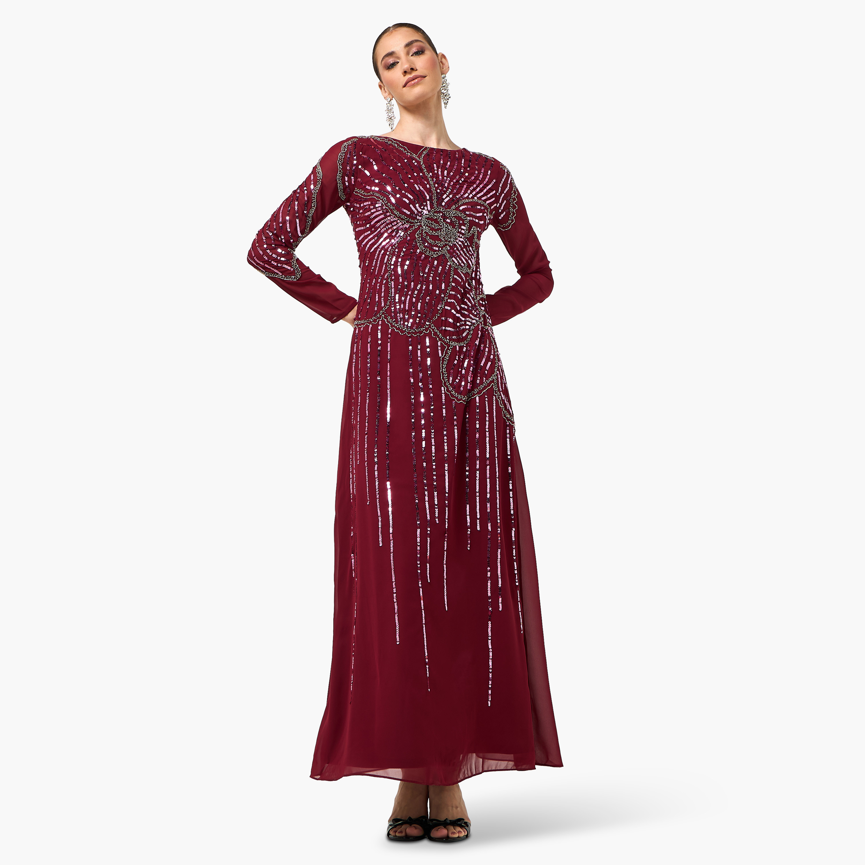 Frock and Frill Burgundy Sequined Round Neck Column Women's Evening Maxi Dress-women-clothing-dresses-image-1