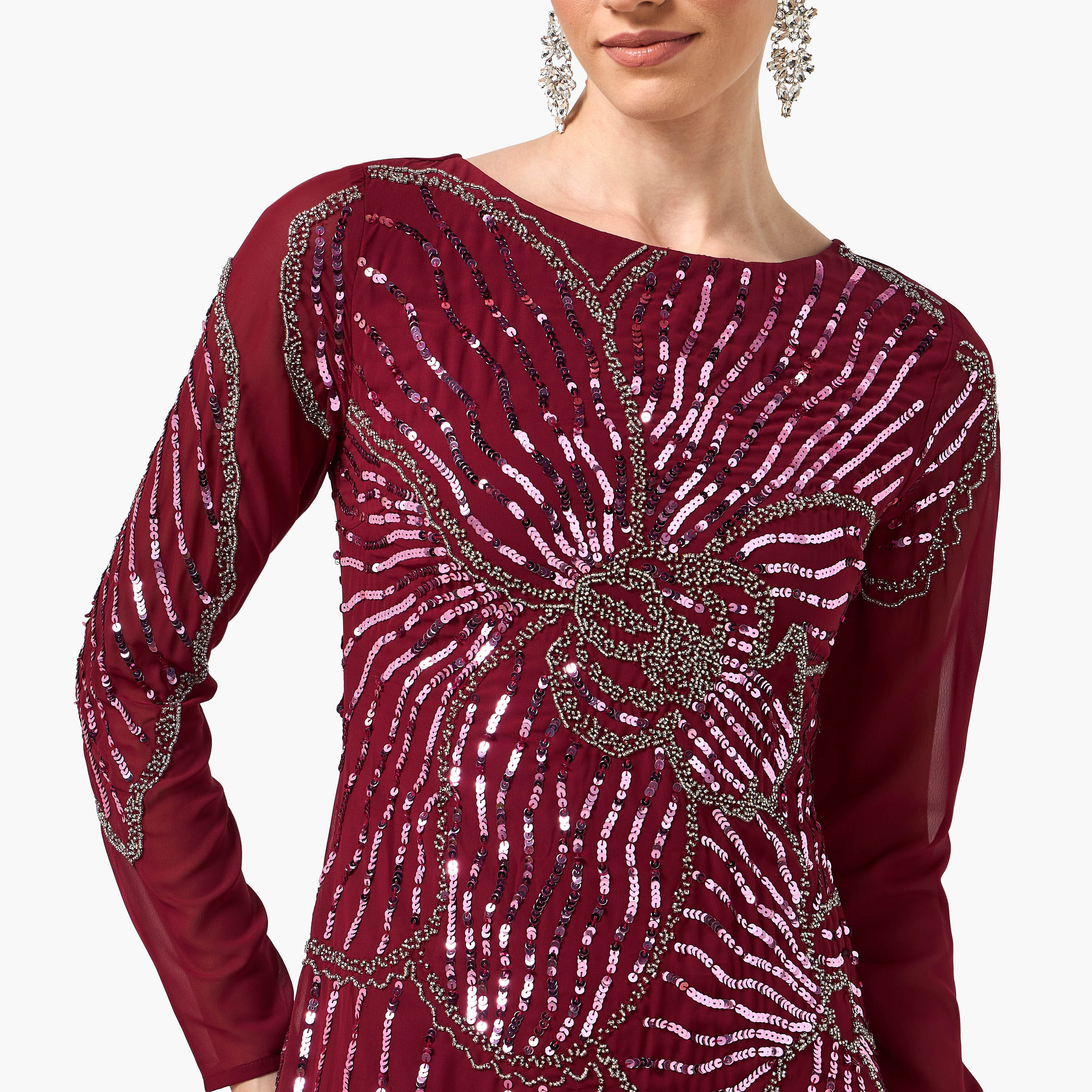 Frock and Frill Burgundy Sequined Round Neck Column Women's Evening Maxi Dress-women-clothing-dresses-image-2