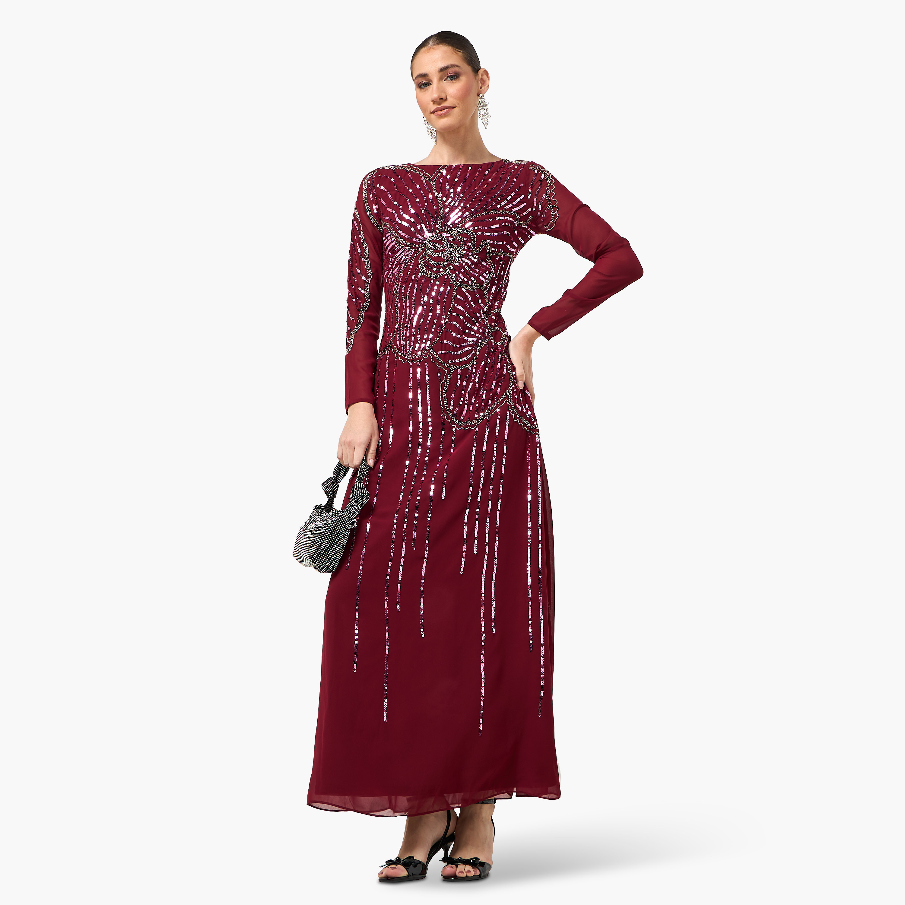 Frock and Frill Burgundy Sequined Round Neck Column Women's Evening Maxi Dress-women-clothing-dresses-image-3