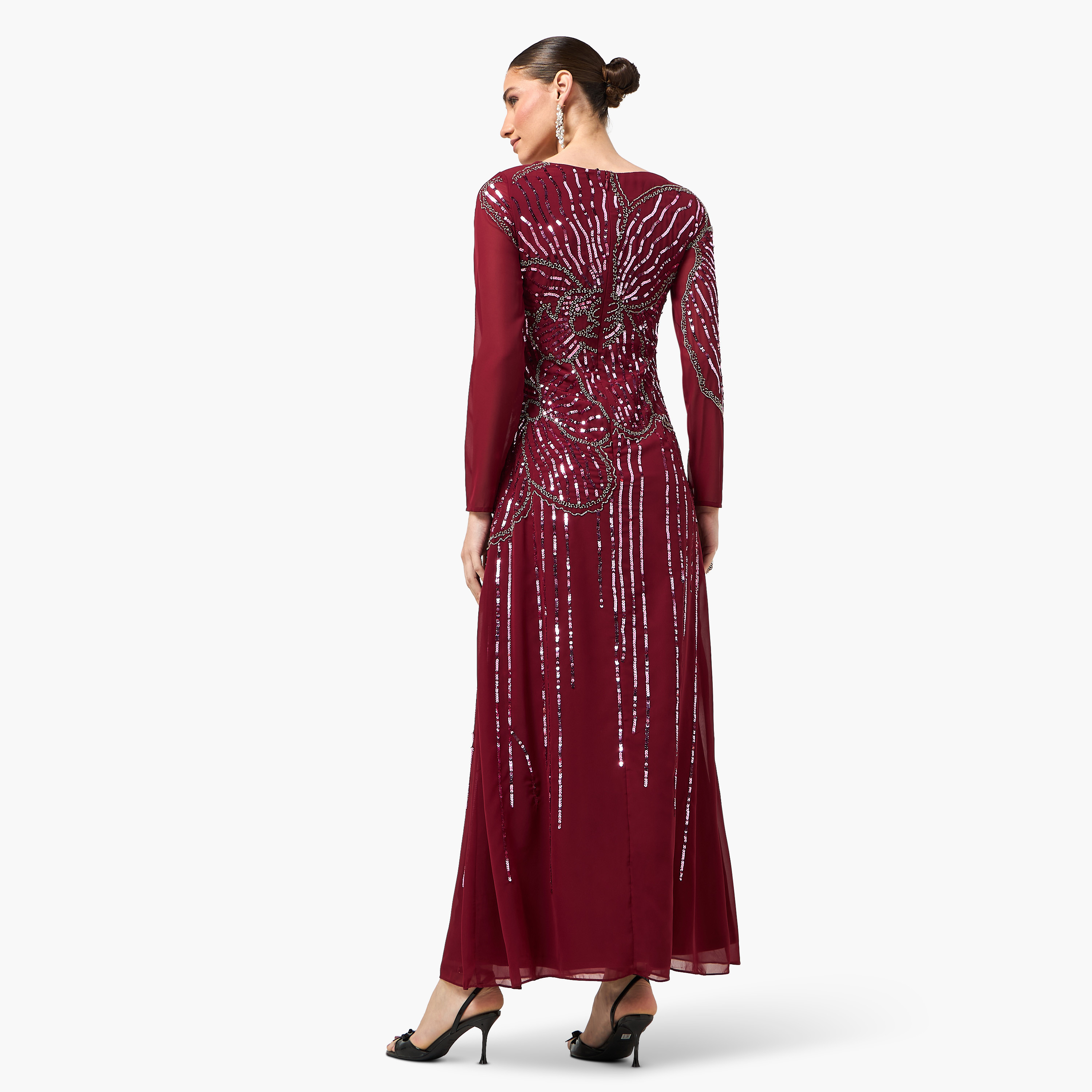 Frock and Frill Burgundy Sequined Round Neck Column Women's Evening Maxi Dress-women-clothing-dresses-image-4