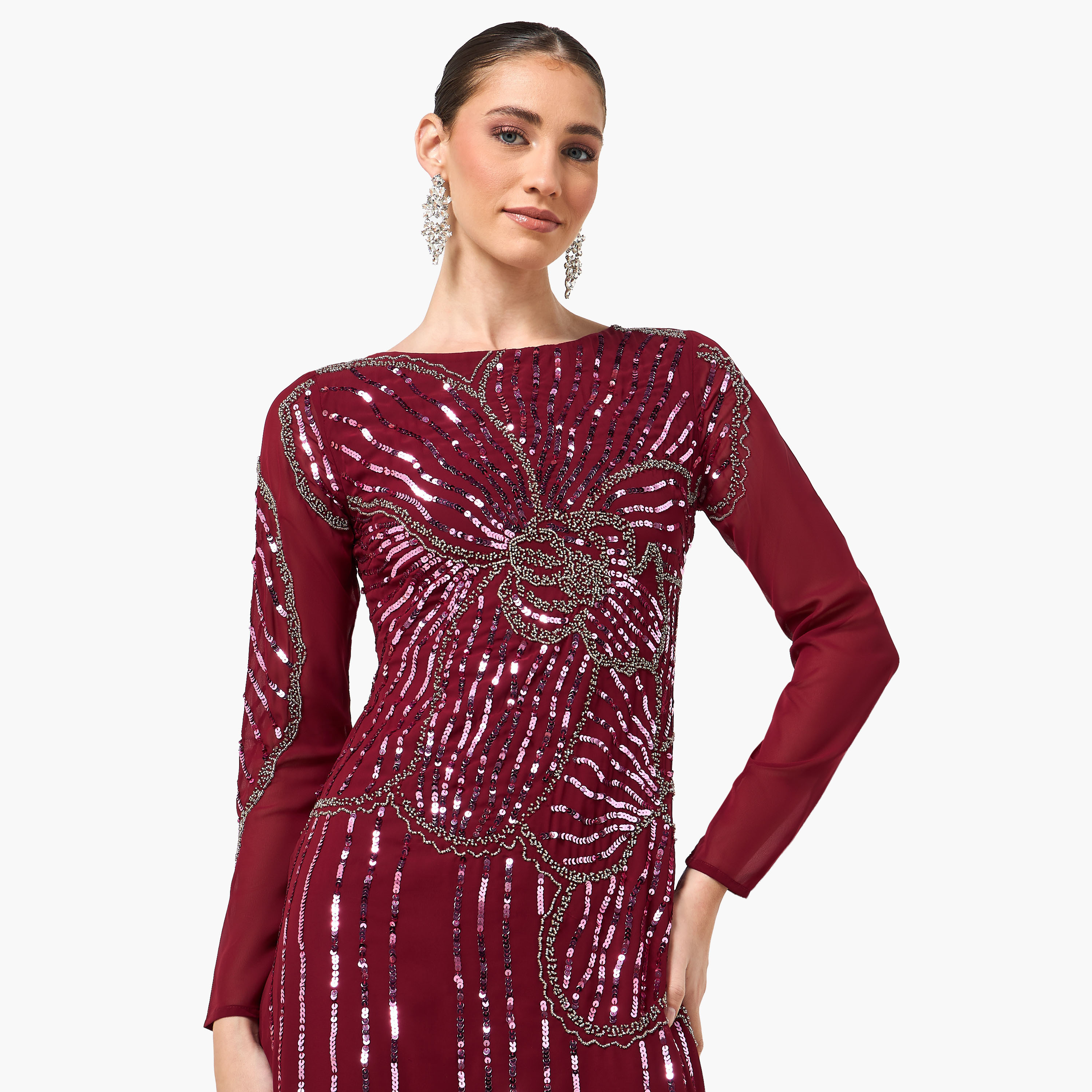 Frock and Frill Burgundy Sequined Round Neck Column Women's Evening Maxi Dress-women-clothing-dresses-image-5