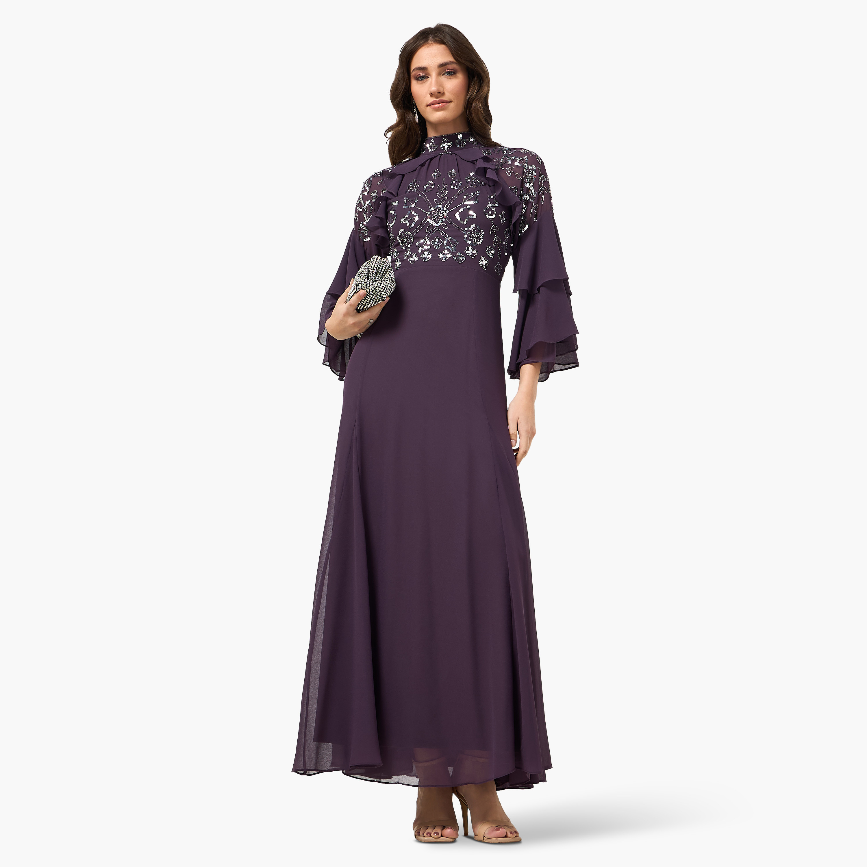 Frock and Frill Purple Sequined High Neck Layered Bell Sleeves Flared Women's Evening Maxi Dress-women-clothing-dresses-image-3