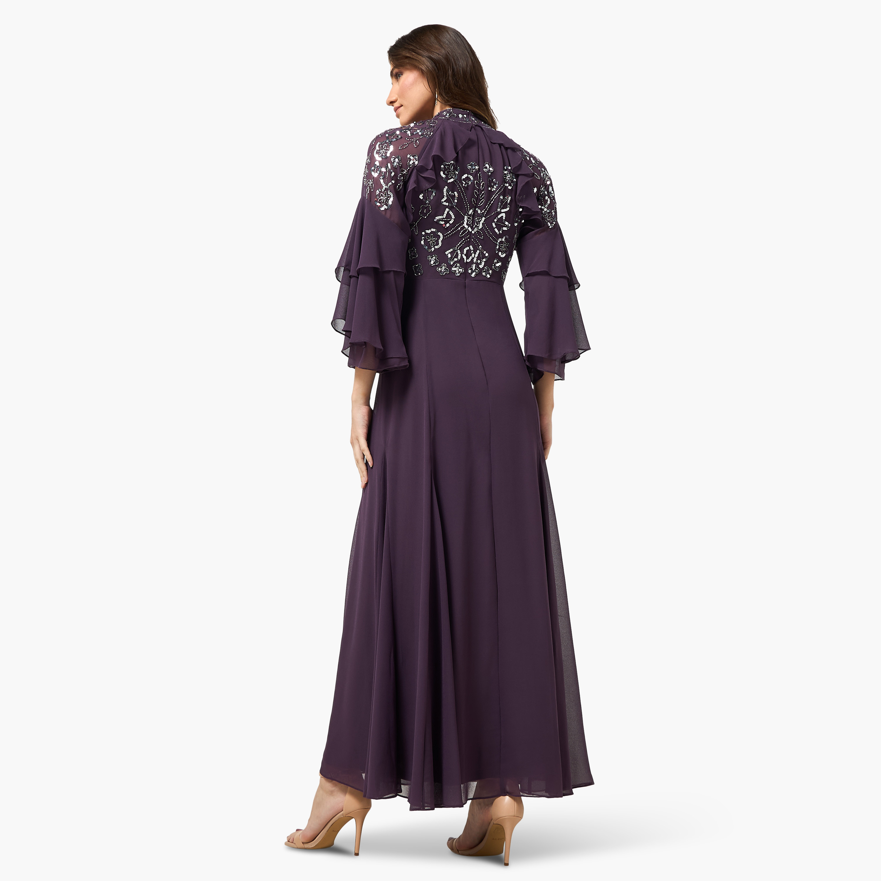 Frock and Frill Purple Sequined High Neck Layered Bell Sleeves Flared Women's Evening Maxi Dress-women-clothing-dresses-image-4