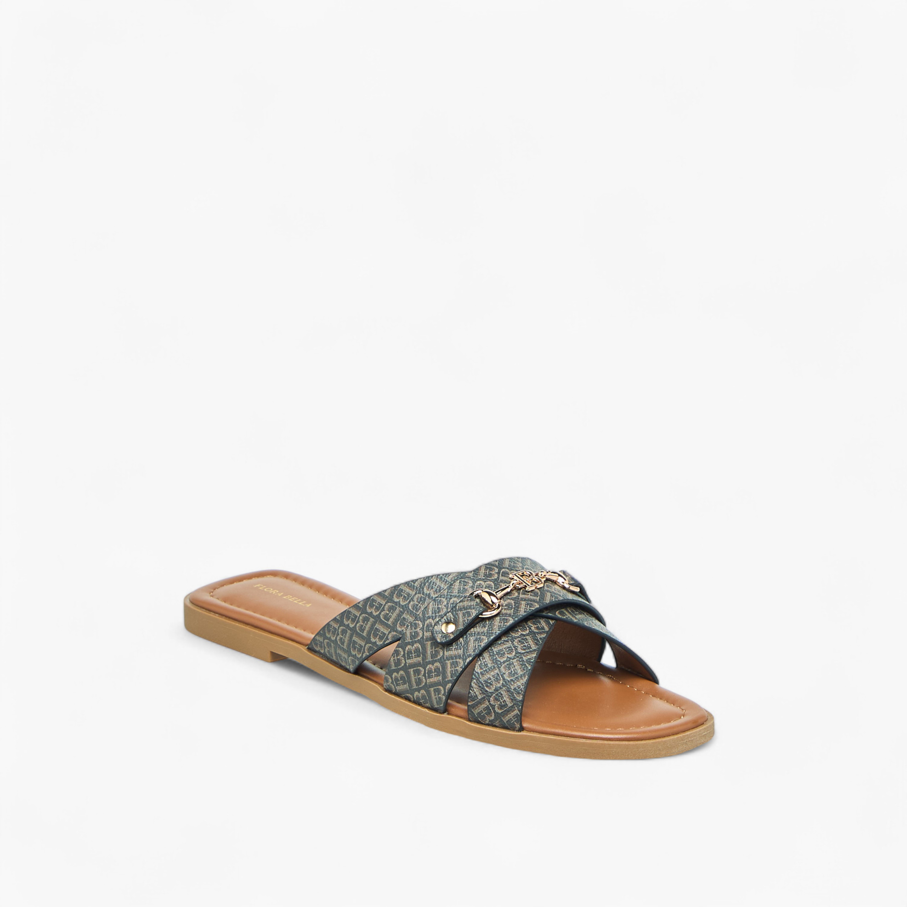 Flora Bella Monogram Print Slip-On Flat Sandals with Metal Accent-women-shoes-flats-sandals-image-2