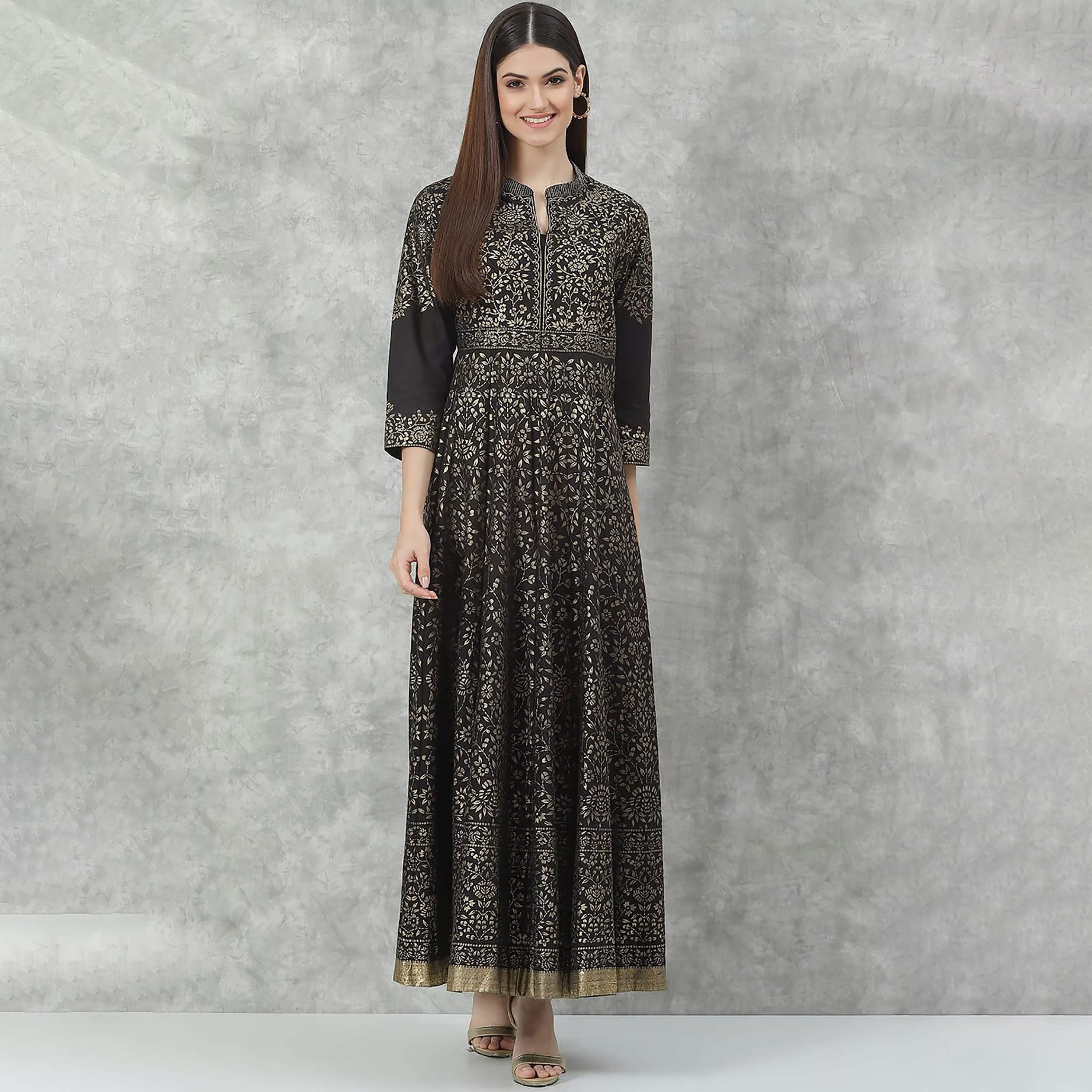 Biba Foil Print Cotton Mandarin Collar Flared Maxi Dress-women-clothing-ethnicwear-dresses-image-2