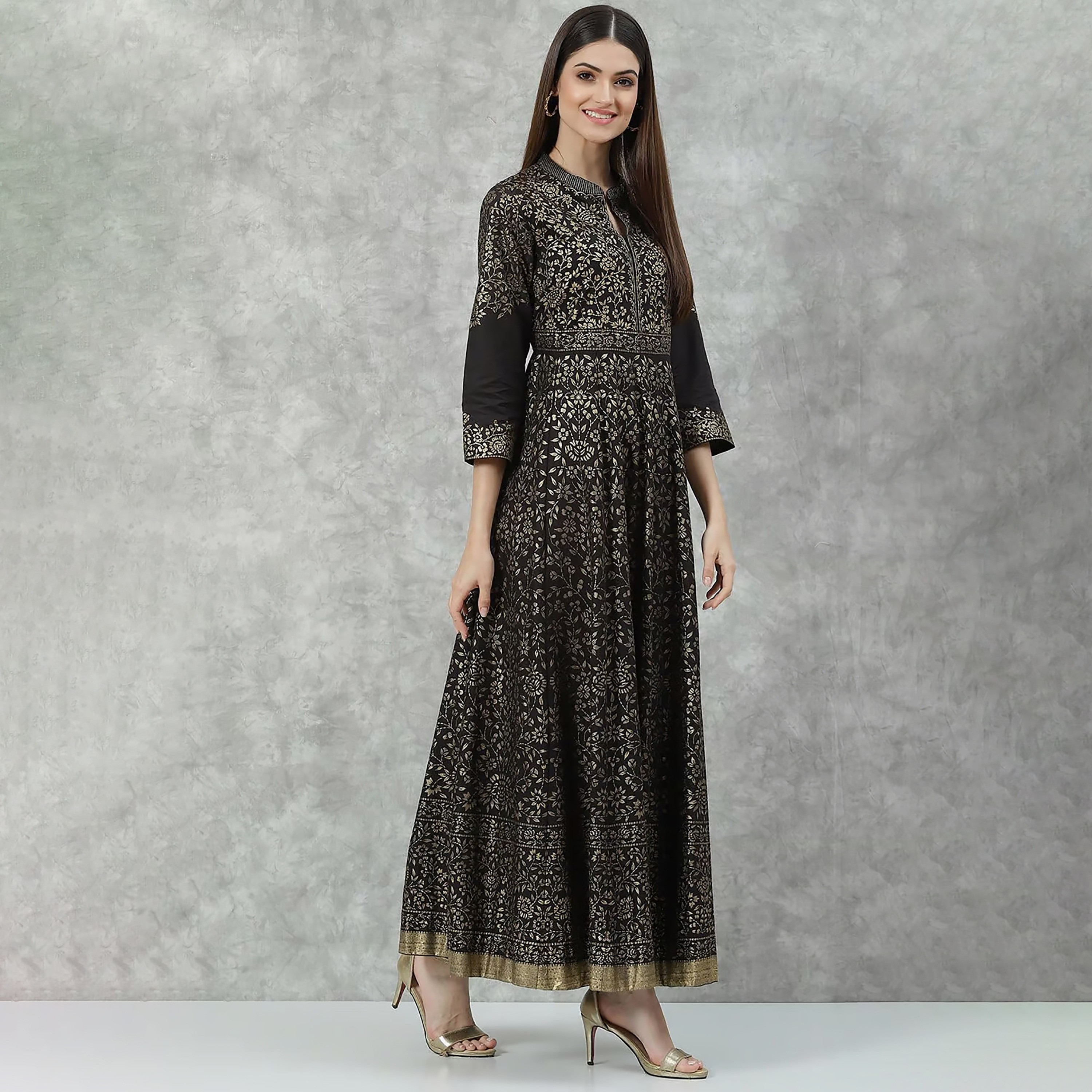Biba Foil Print Cotton Mandarin Collar Flared Maxi Dress-women-clothing-ethnicwear-dresses-image-4