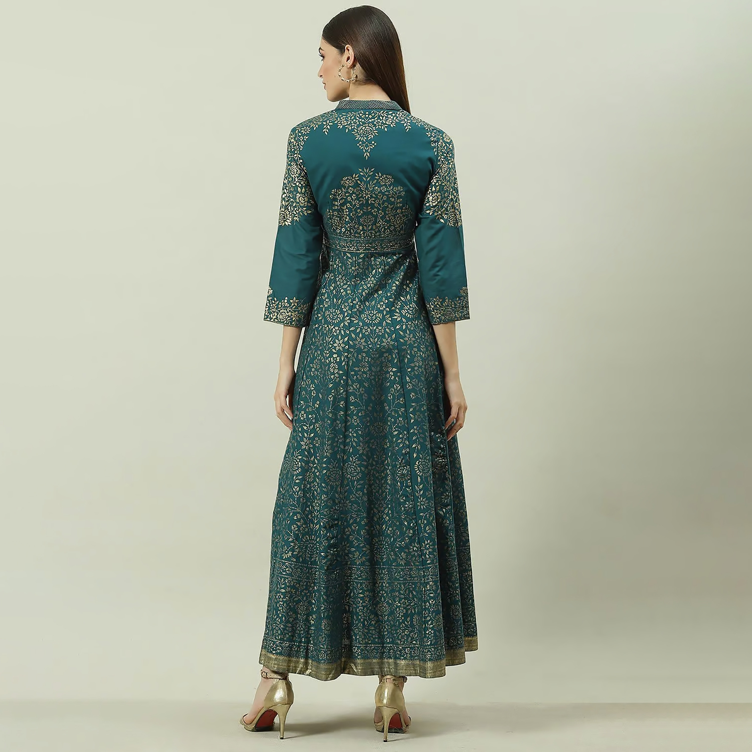 فستان قطني ماكسي واسع بياقة ماندارين مع طبعة فويل من بيبا-women-clothing-ethnicwear-dresses-image-10