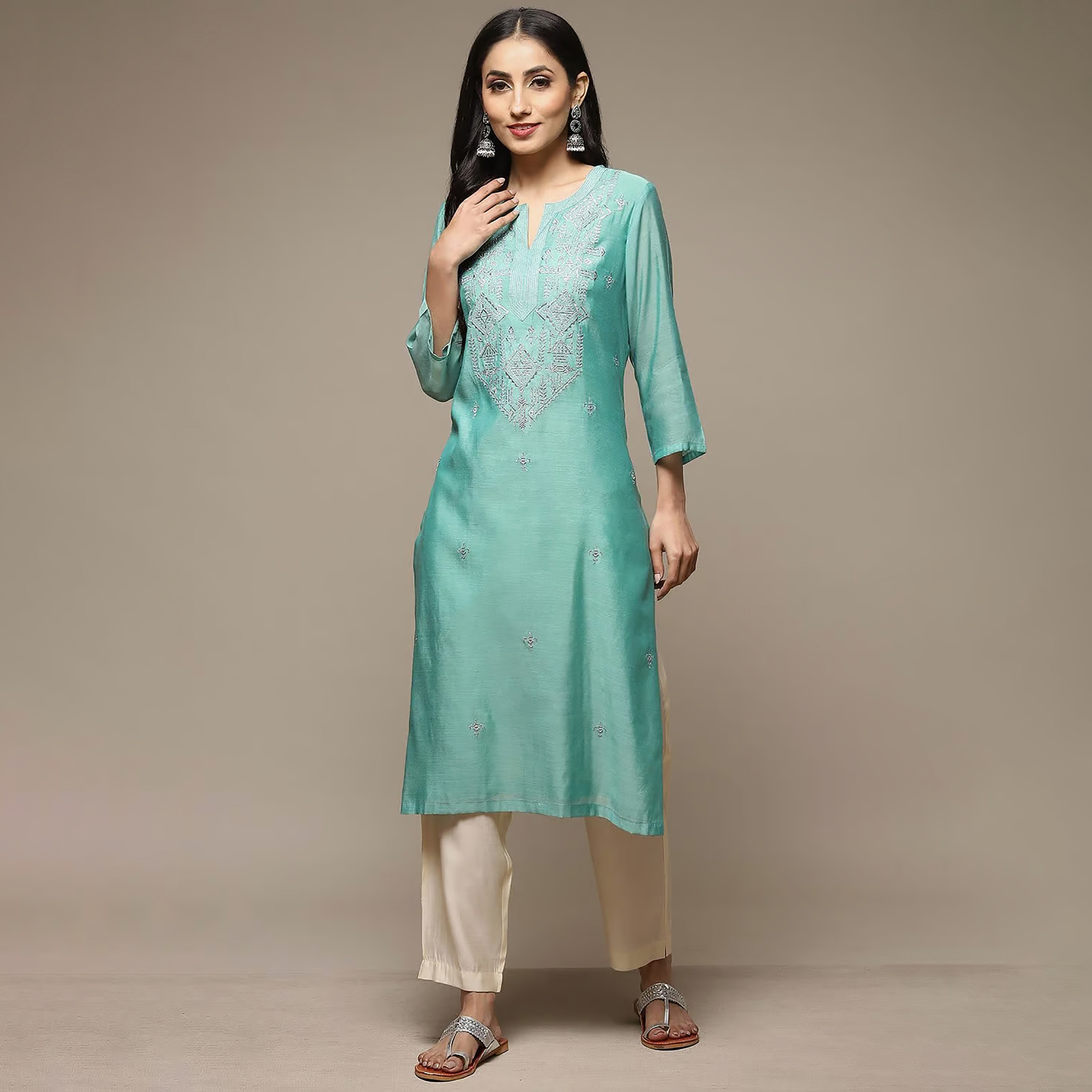 Biba Embroidered Round Neck Straight Kurta-women-clothing-ethnicwear-dresses-image-1