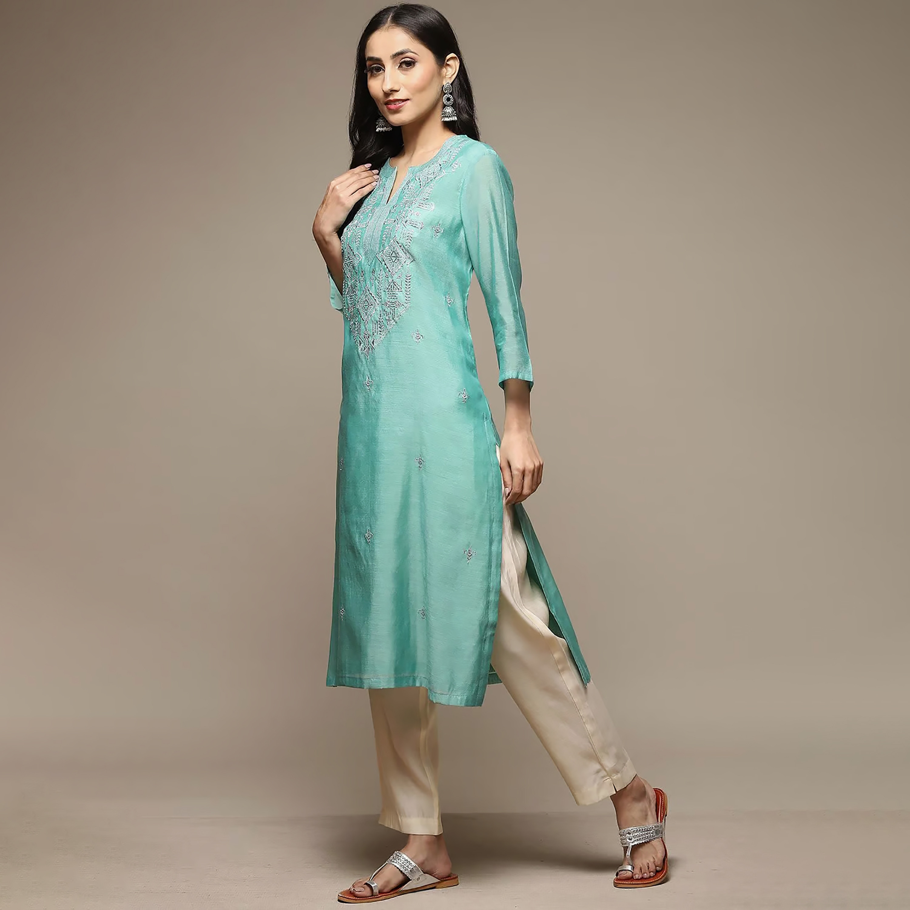 Biba Embroidered Round Neck Straight Kurta-women-clothing-ethnicwear-dresses-image-2