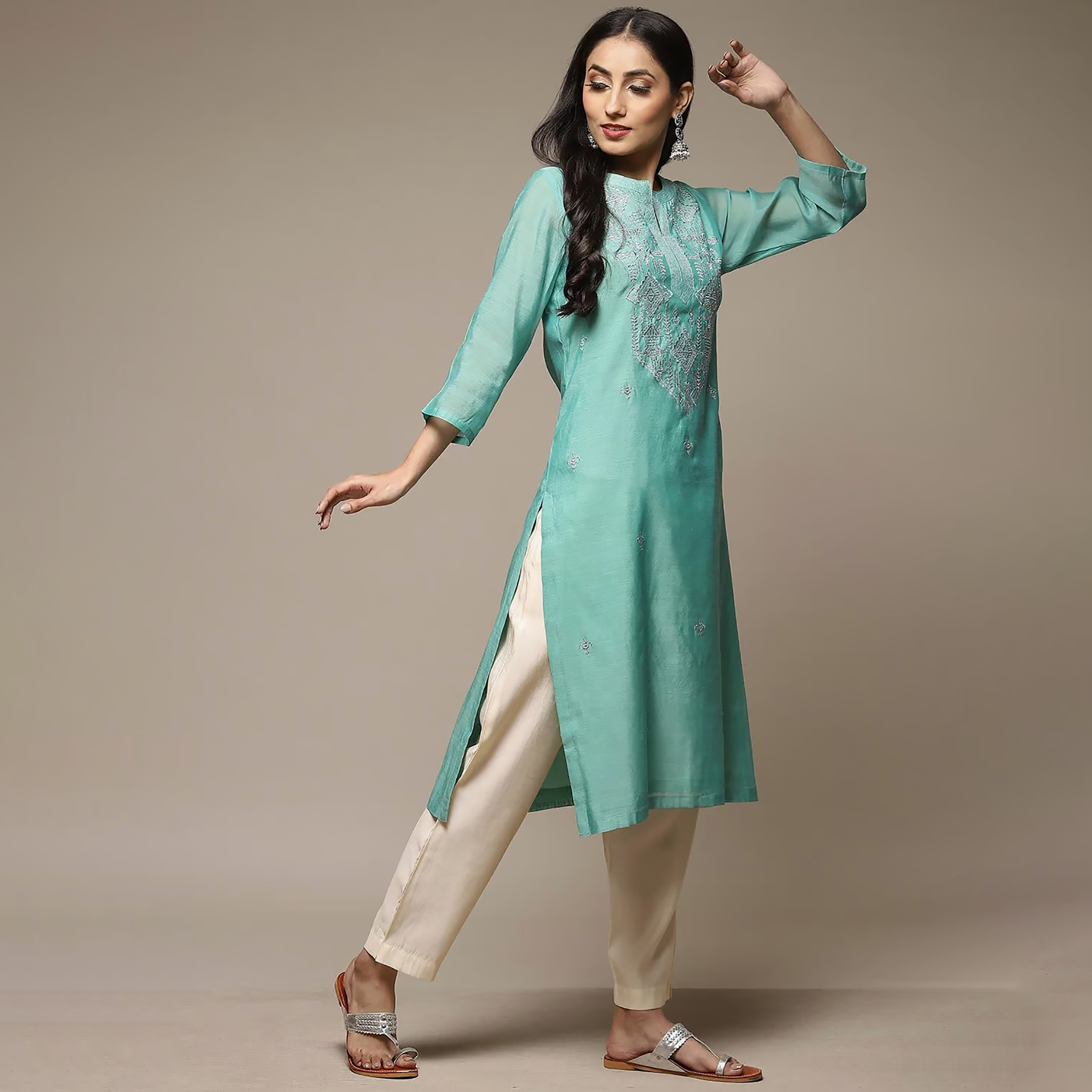 Biba Embroidered Round Neck Straight Kurta-women-clothing-ethnicwear-dresses-image-4