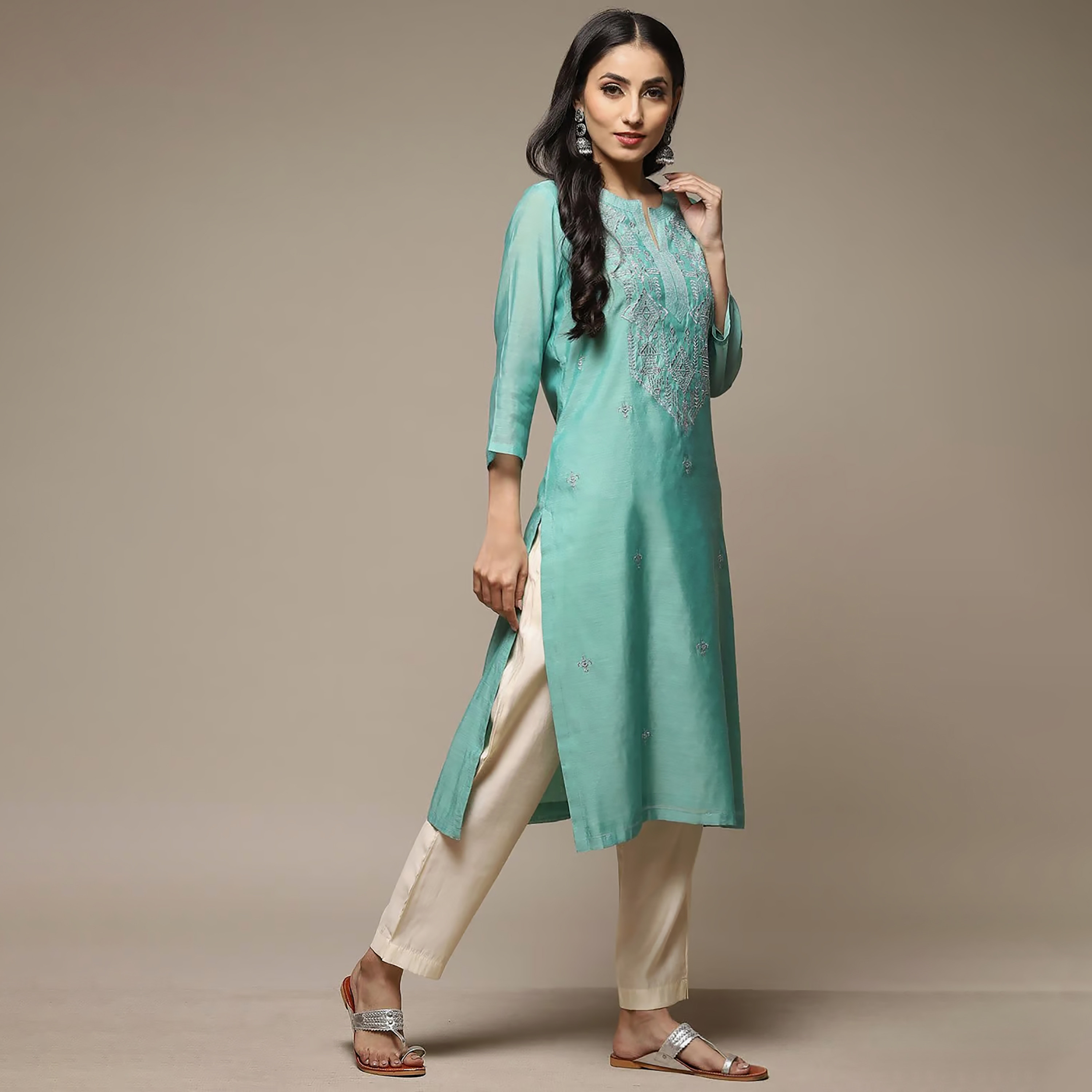 Biba Embroidered Round Neck Straight Kurta-women-clothing-ethnicwear-dresses-image-5