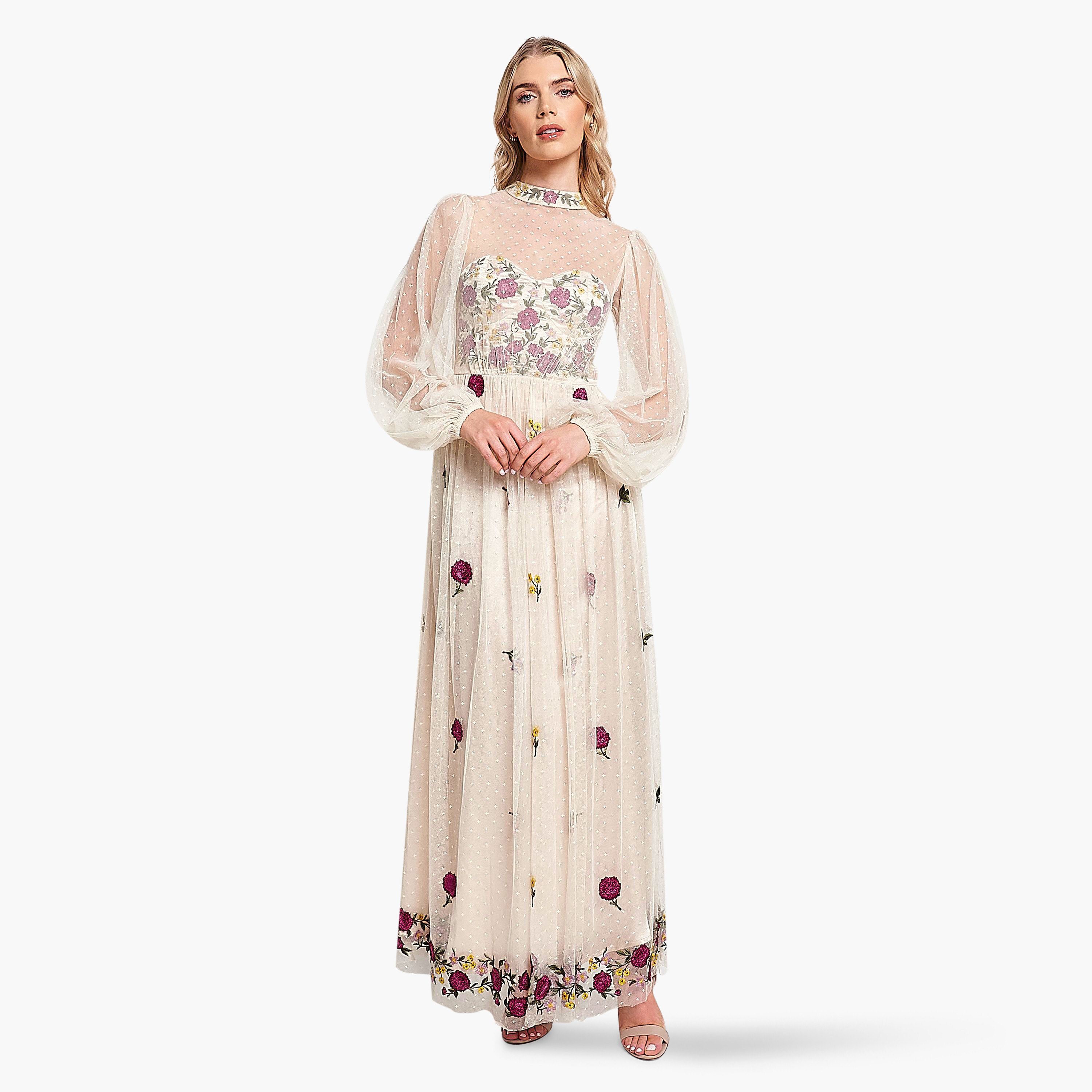 فستان سهرة نسائي بأكمام منفوخة ورقبة عالية مطرز بالزهور باللون البيج من فروك اند فريل-women-clothing-dresses-image-1