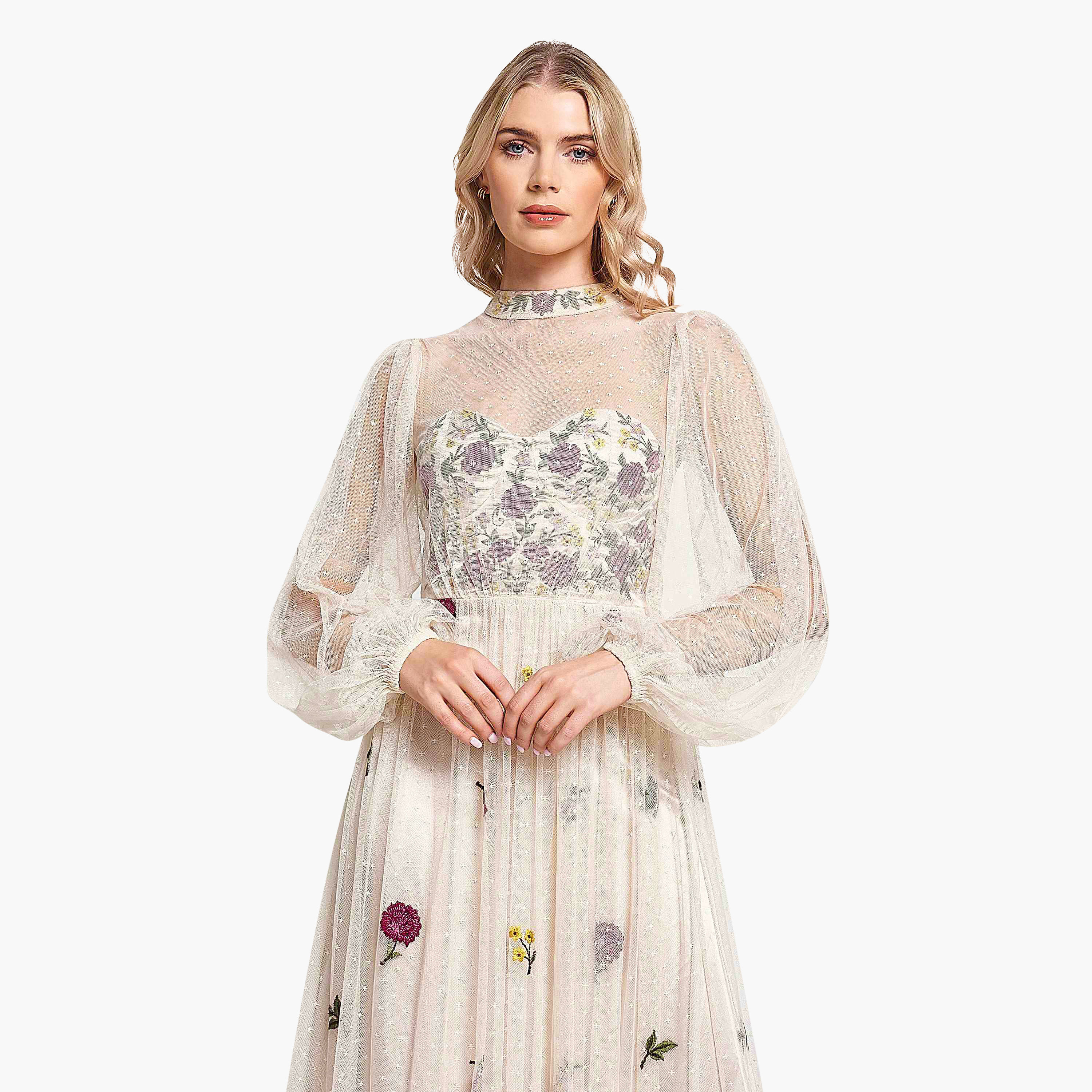 فستان سهرة نسائي بأكمام منفوخة ورقبة عالية مطرز بالزهور باللون البيج من فروك اند فريل-women-clothing-dresses-image-3