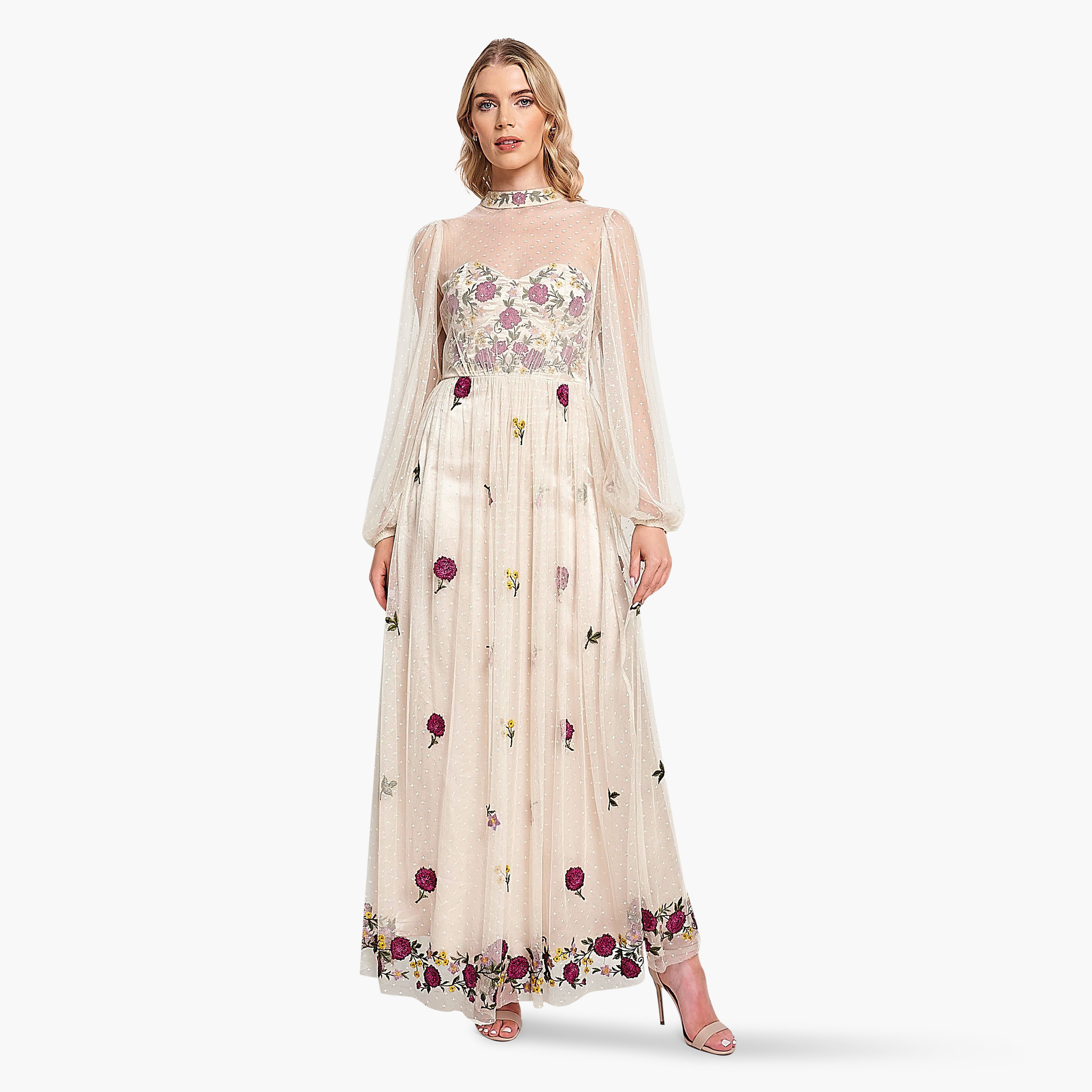 فستان سهرة نسائي بأكمام منفوخة ورقبة عالية مطرز بالزهور باللون البيج من فروك اند فريل-women-clothing-dresses-image-4