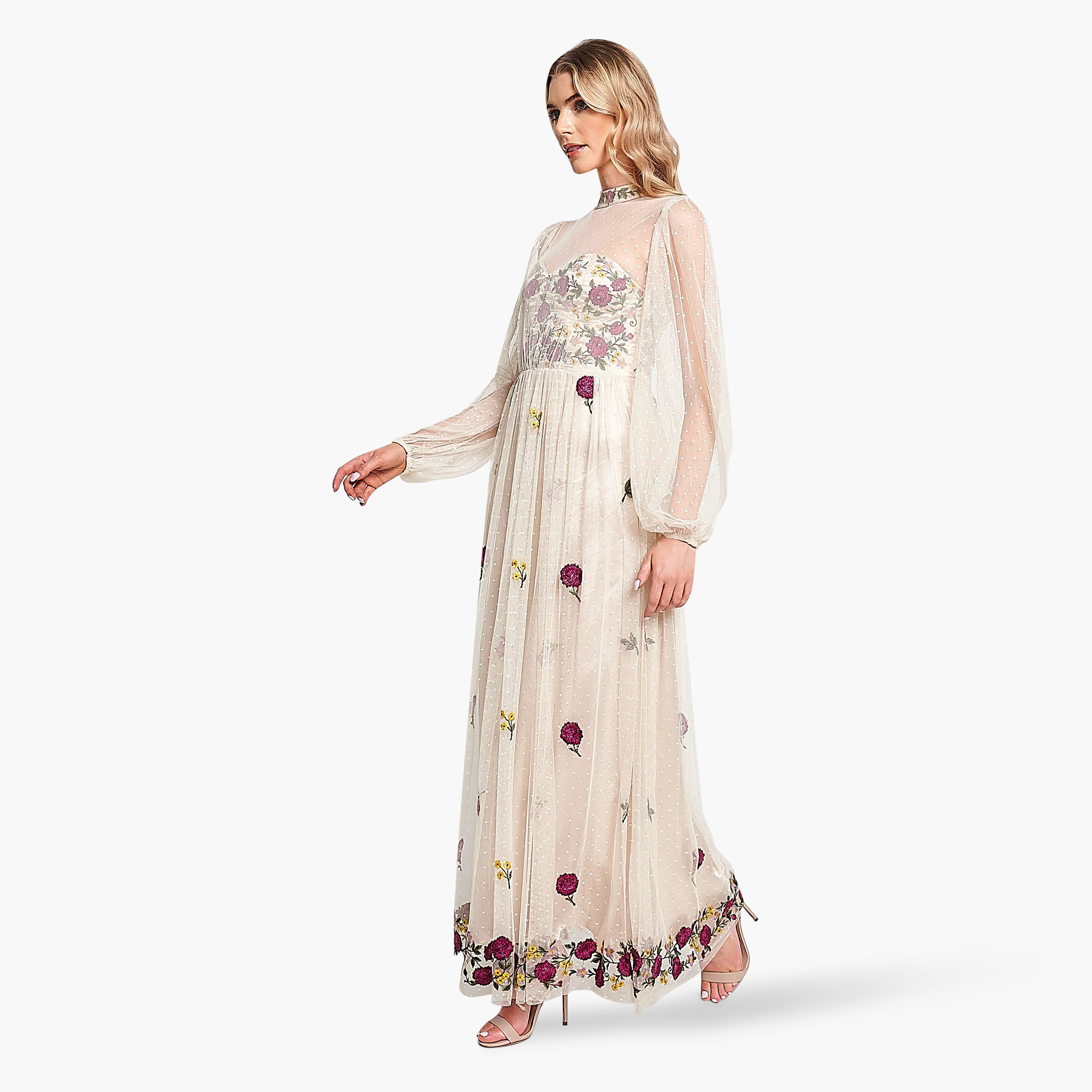 فستان سهرة نسائي بأكمام منفوخة ورقبة عالية مطرز بالزهور باللون البيج من فروك اند فريل-women-clothing-dresses-image-5