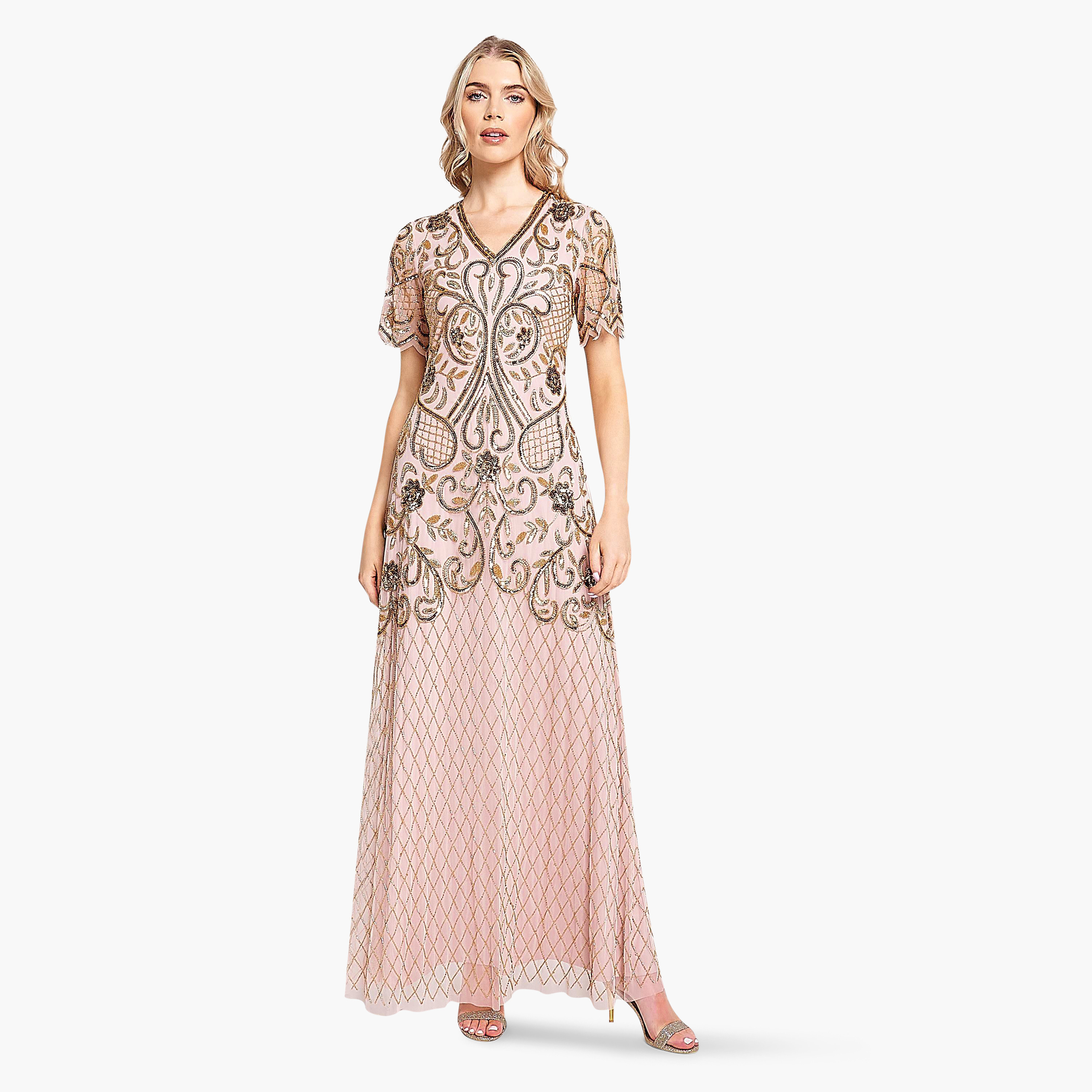 فستان سهرة نسائي وردي اللون مزين بالخرز والترتر من فروك اند فريل-women-clothing-dresses-image-1