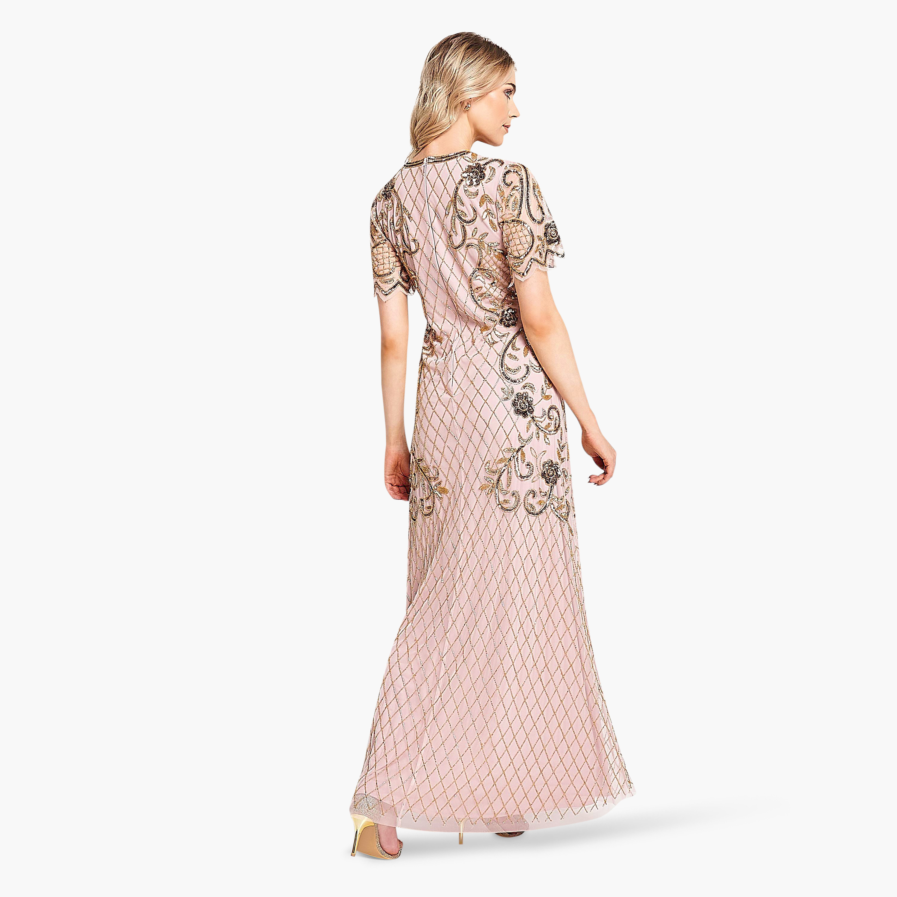 فستان سهرة نسائي وردي اللون مزين بالخرز والترتر من فروك اند فريل-women-clothing-dresses-image-2