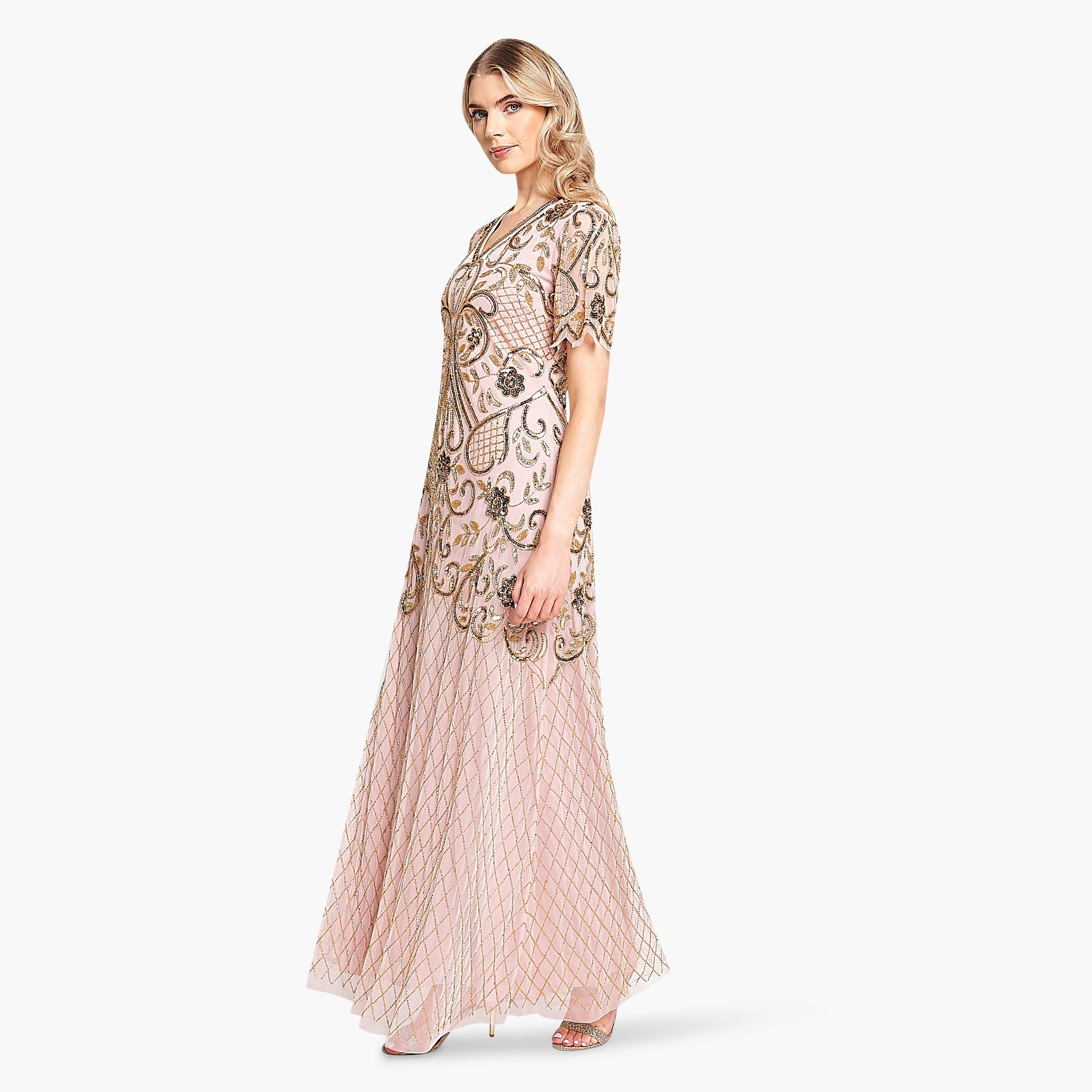 فستان سهرة نسائي وردي اللون مزين بالخرز والترتر من فروك اند فريل-women-clothing-dresses-image-4