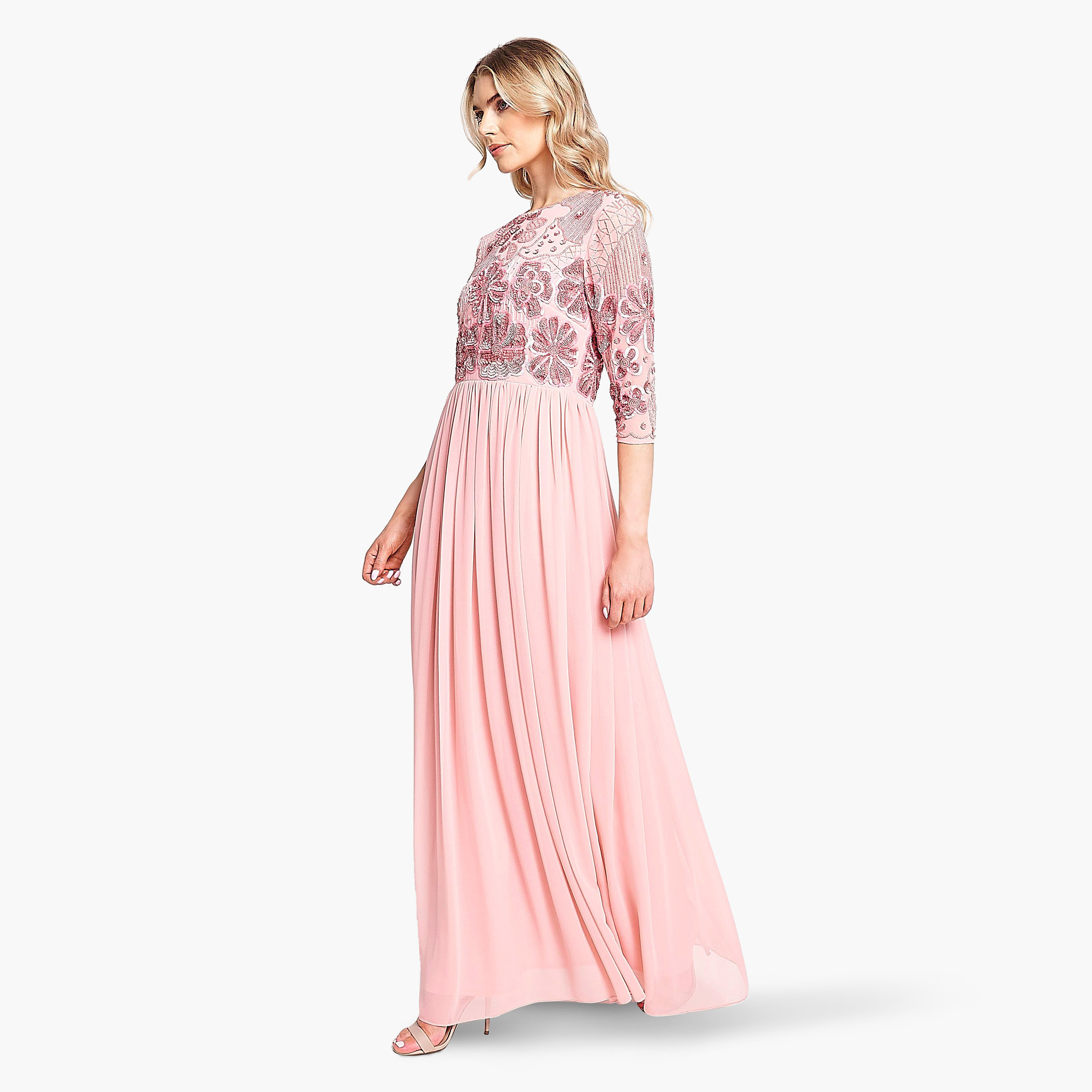فستان سهرة نسائي مطوي مزين بالترتر الوردي والثنيات من فروك اند فريل-women-clothing-dresses-image-5