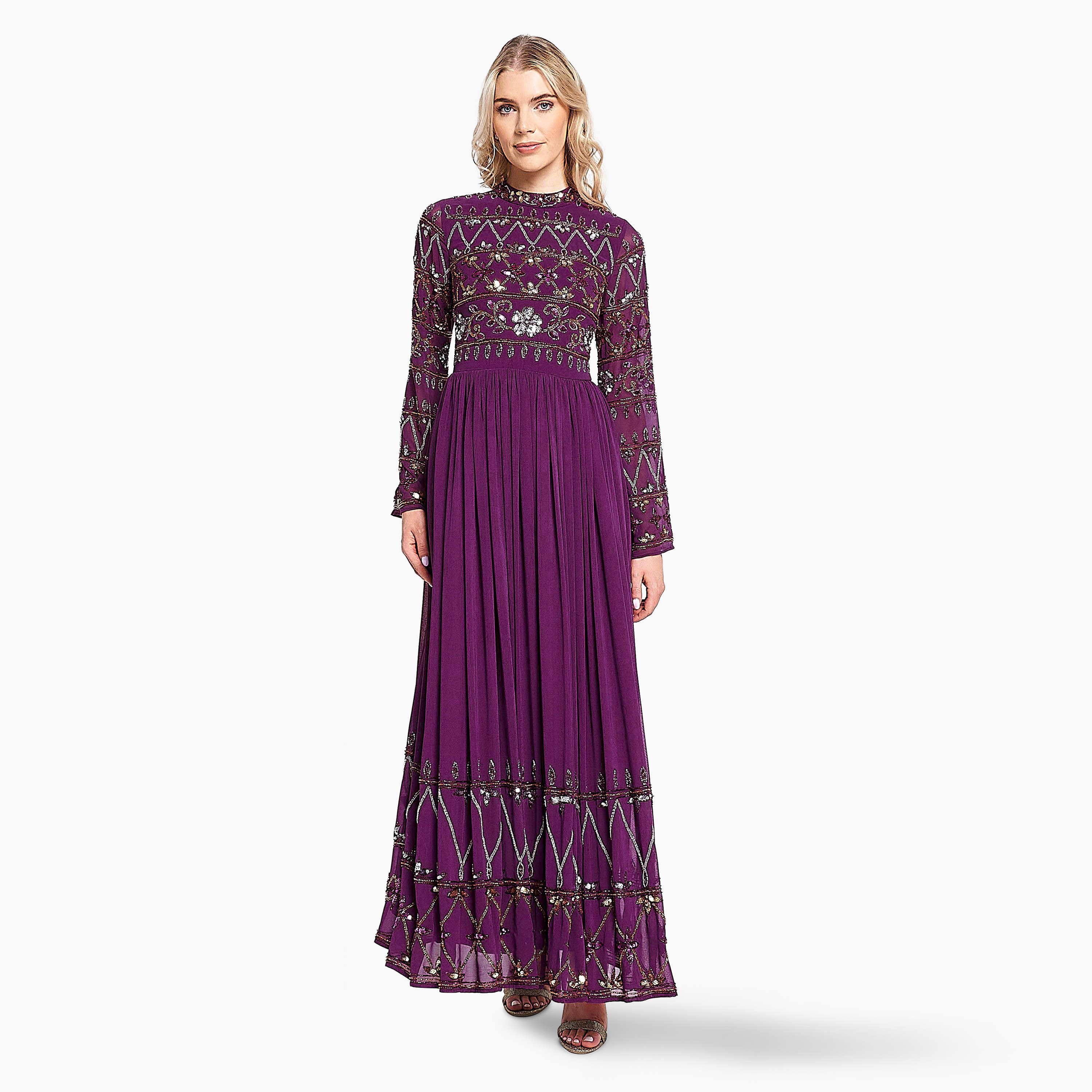 Frock and Frill Purple Sequins Mock Neck Bell Sleeves Evening Pleated Women's Dress-women-clothing-dresses-image-1