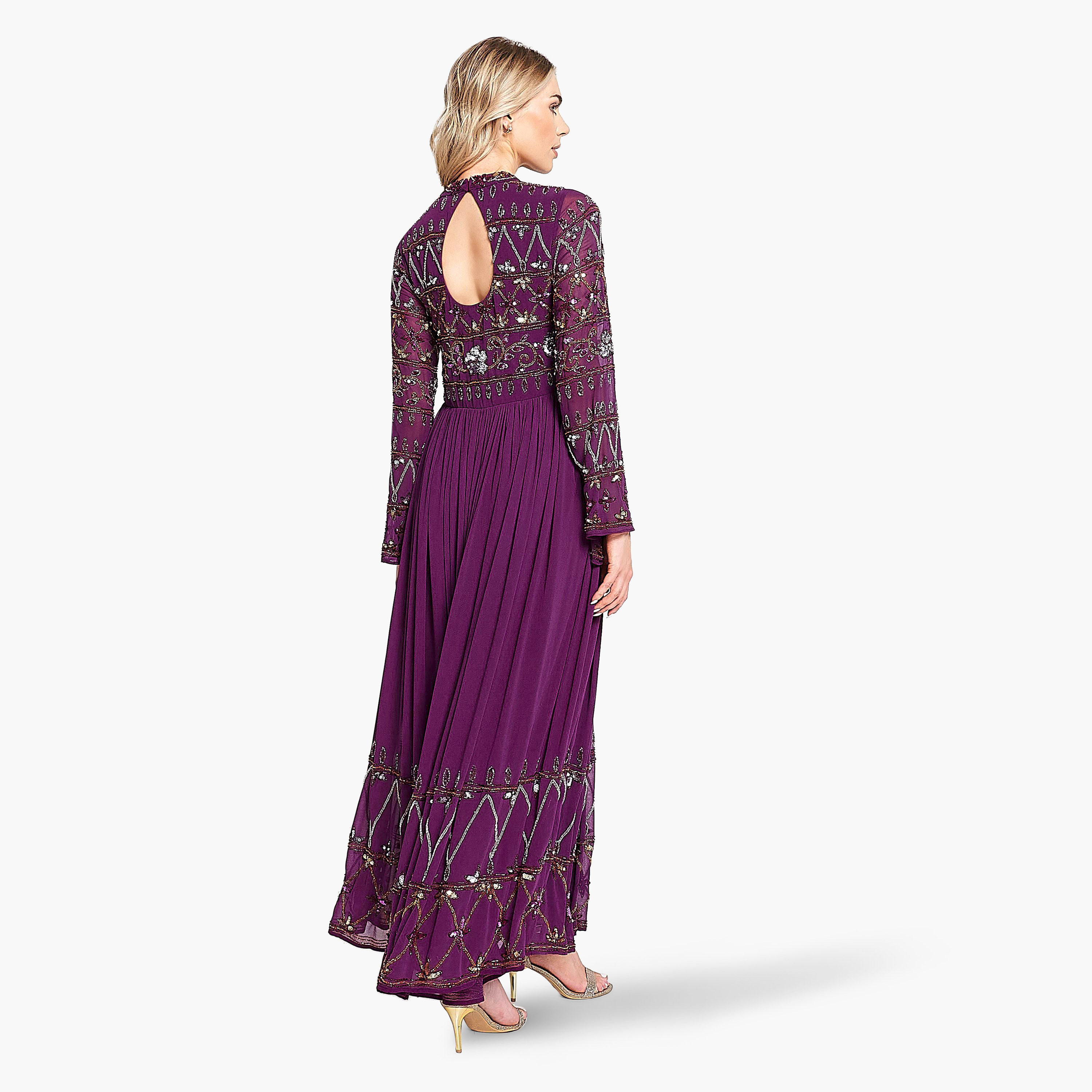 Frock and Frill Purple Sequins Mock Neck Bell Sleeves Evening Pleated Women's Dress-women-clothing-dresses-image-2
