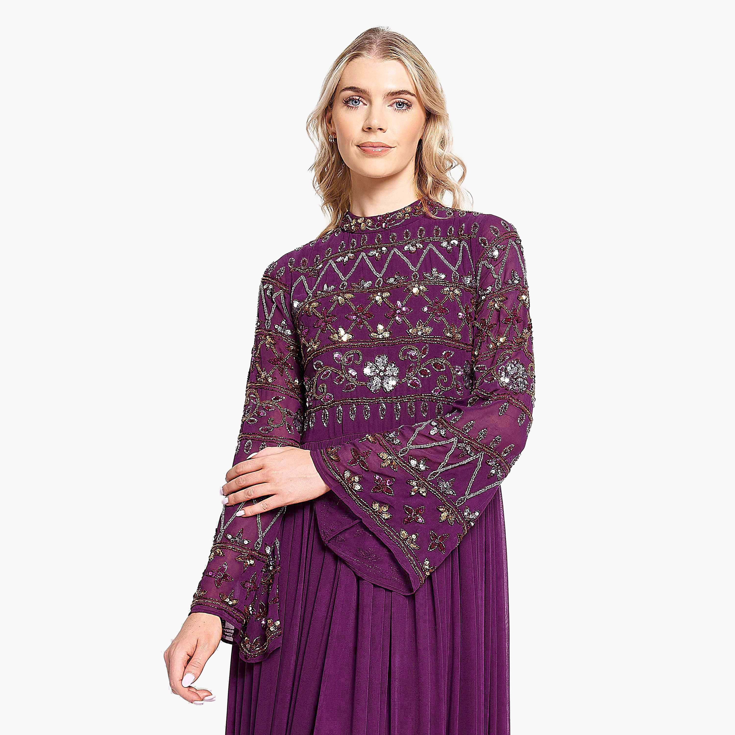 Frock and Frill Purple Sequins Mock Neck Bell Sleeves Evening Pleated Women's Dress-women-clothing-dresses-image-3