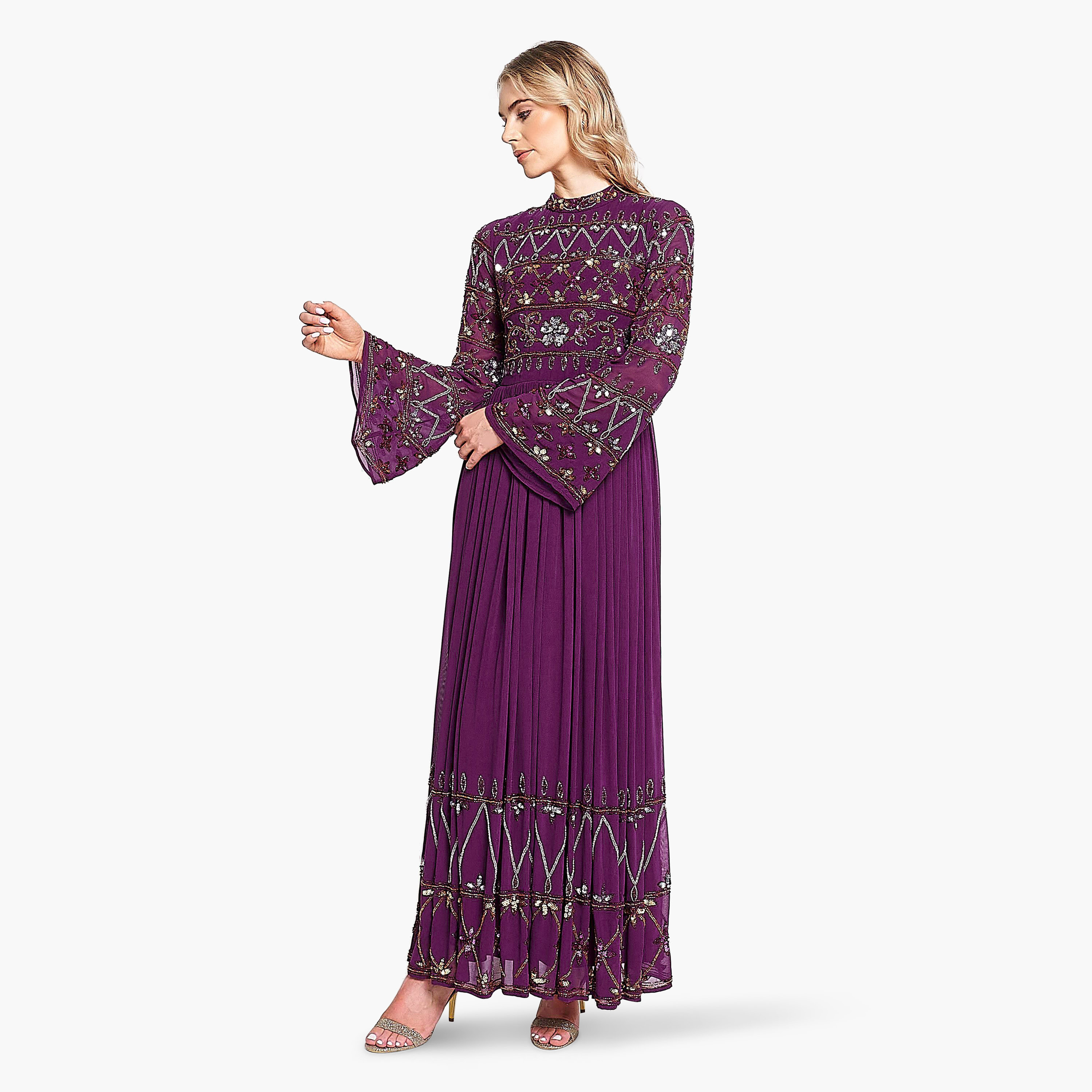 Frock and Frill Purple Sequins Mock Neck Bell Sleeves Evening Pleated Women's Dress-women-clothing-dresses-image-4