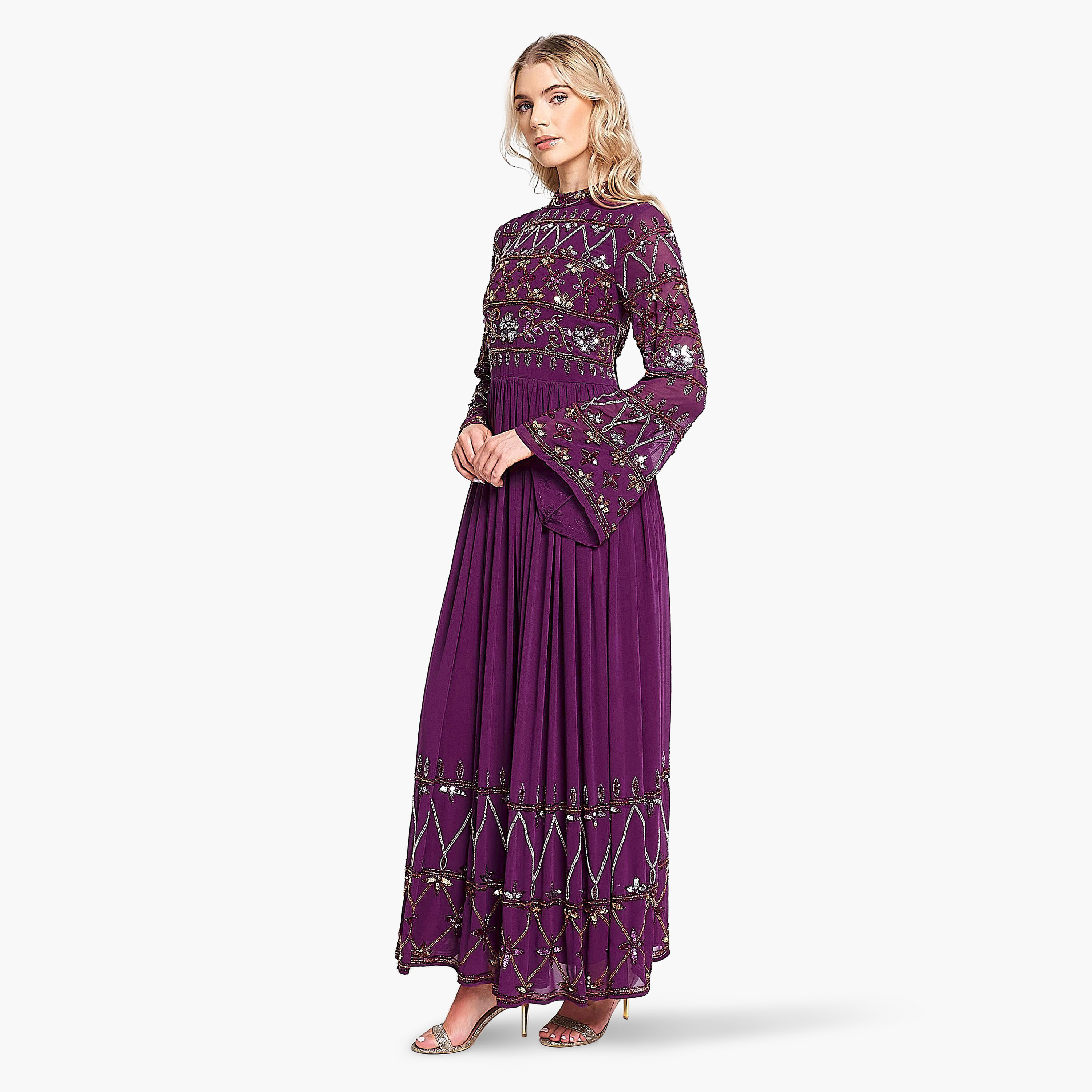 Frock and Frill Purple Sequins Mock Neck Bell Sleeves Evening Pleated Women's Dress-women-clothing-dresses-image-5