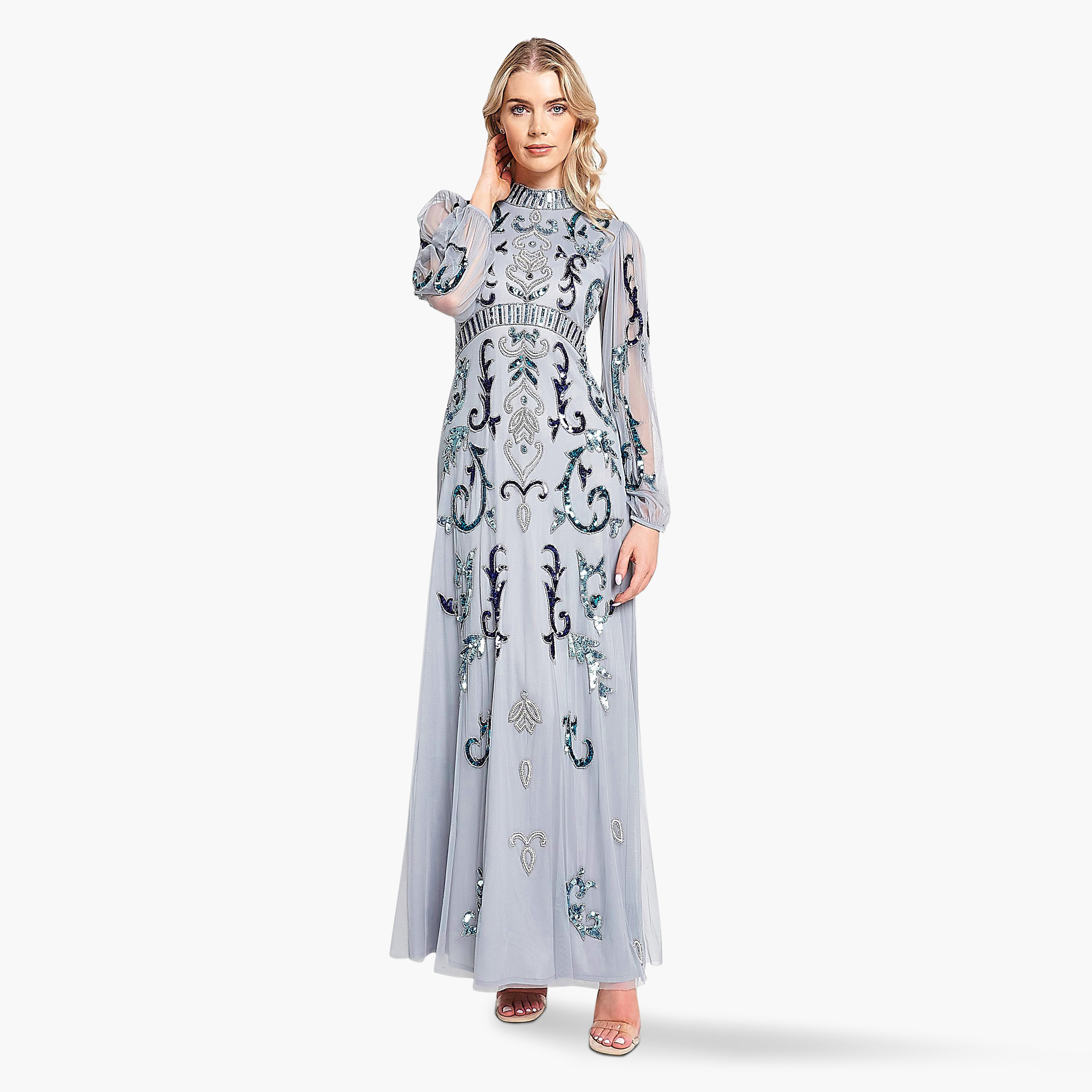 Frock and Frill Ice Blue Beaded & Sequins Mock Neck Puff Sleeves Evening Fit & Flare Women's Dress-women-clothing-dresses-image-1