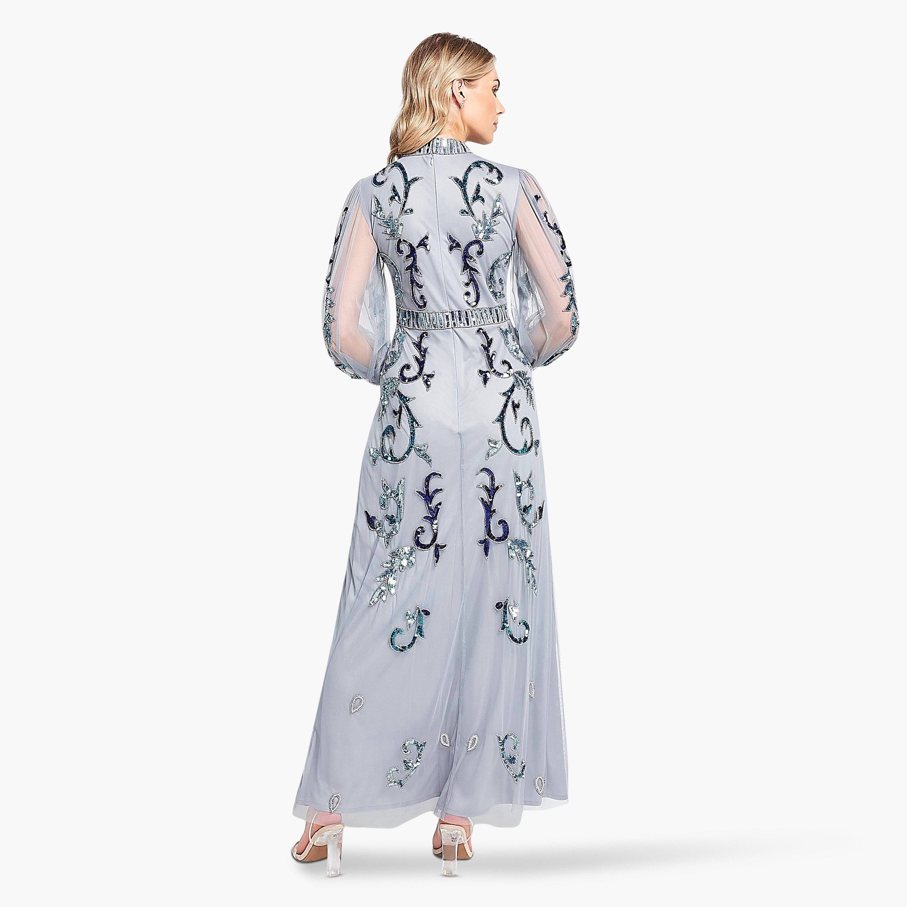 Frock and Frill Ice Blue Beaded & Sequins Mock Neck Puff Sleeves Evening Fit & Flare Women's Dress-women-clothing-dresses-image-2