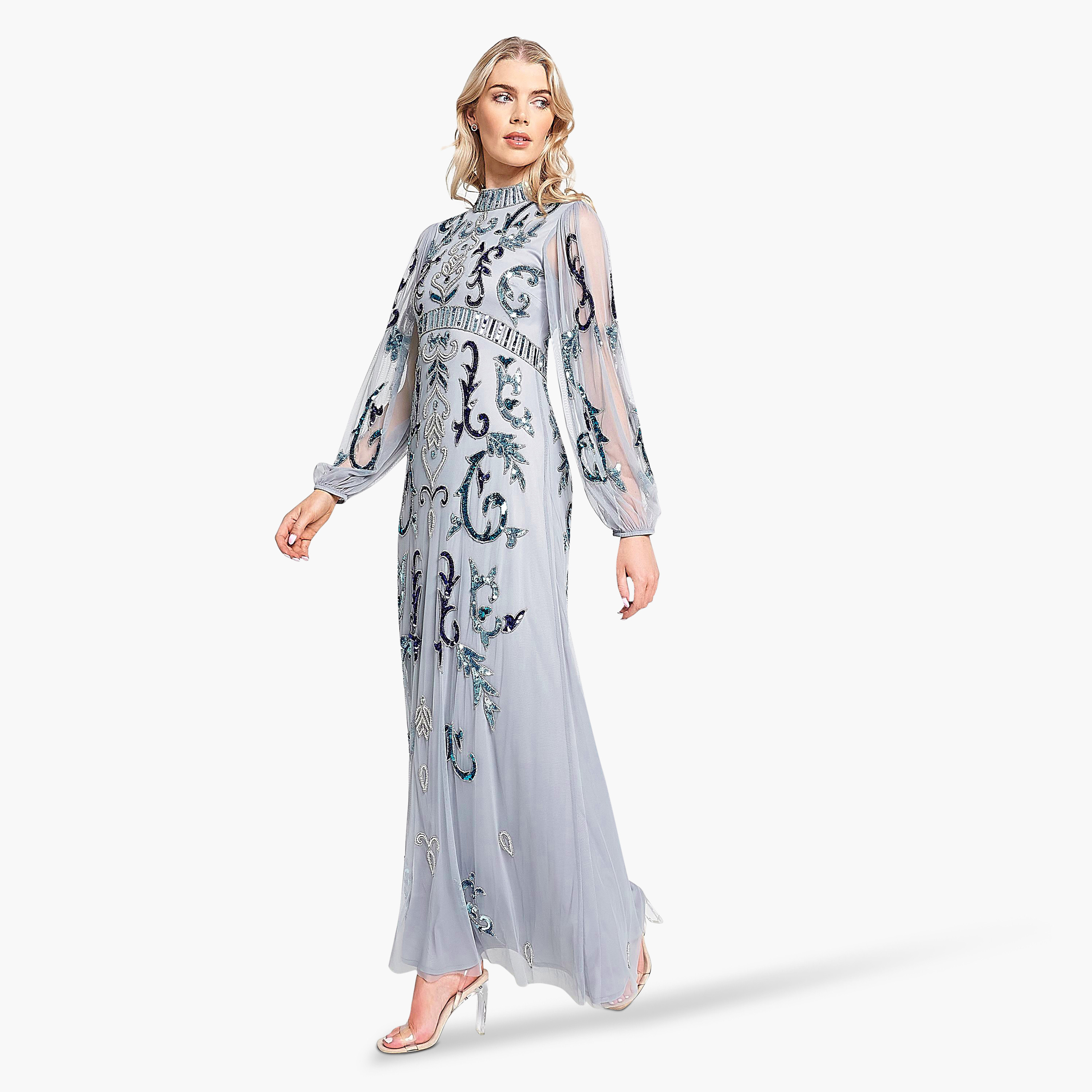 Frock and Frill Ice Blue Beaded & Sequins Mock Neck Puff Sleeves Evening Fit & Flare Women's Dress-women-clothing-dresses-image-4